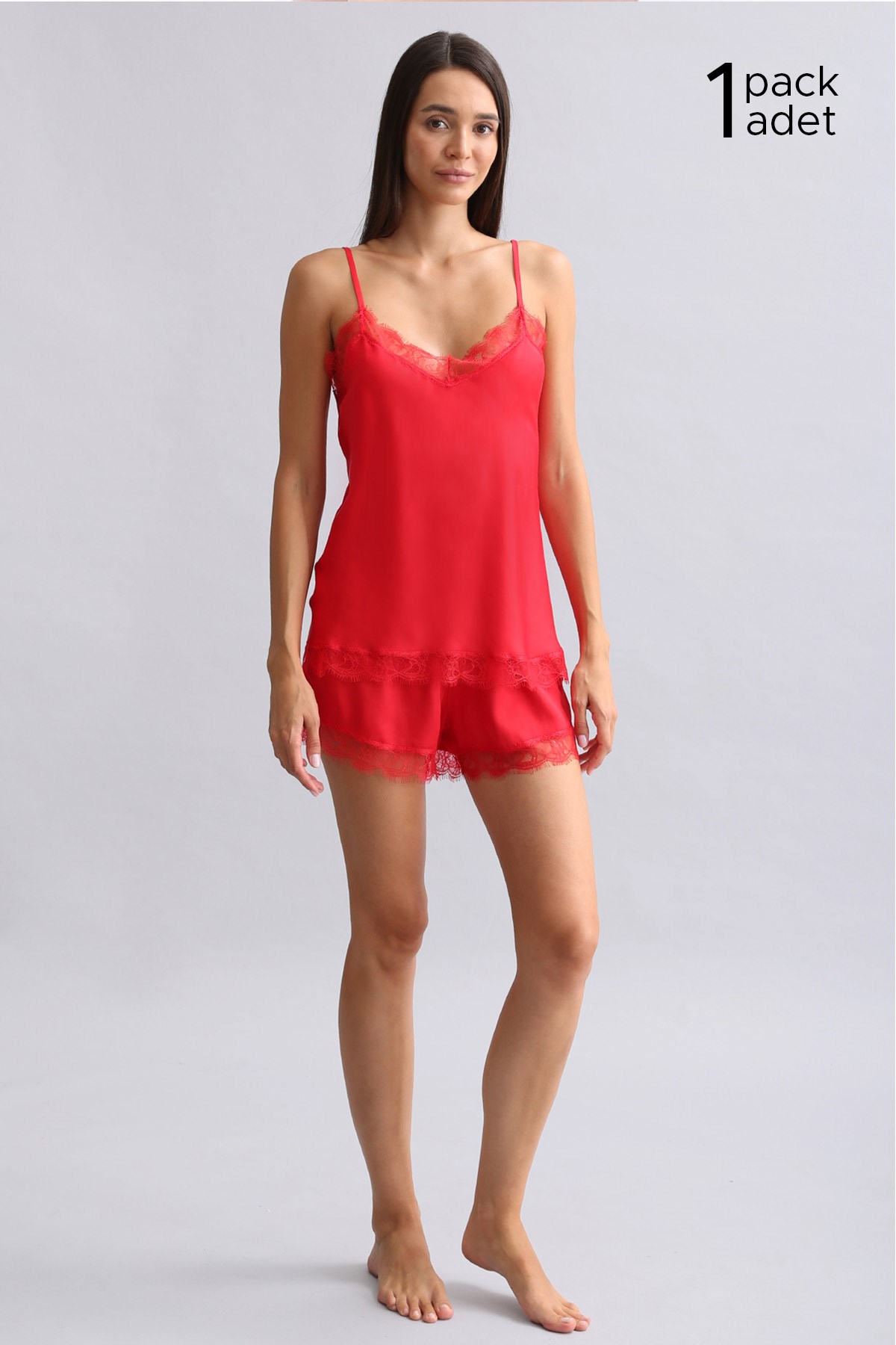 Kadın Kırmızı Dantelli Bambu Şort Takım Hediye Paketi