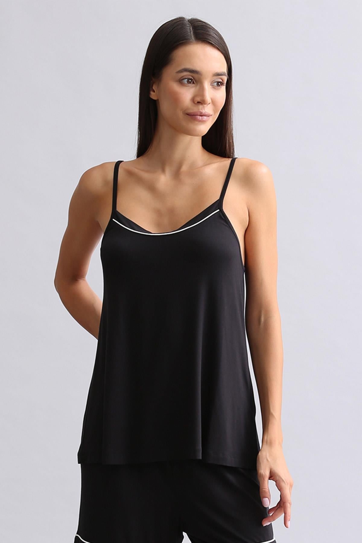 Kadın Modal İnce Askılı Pijama Üst Siyah