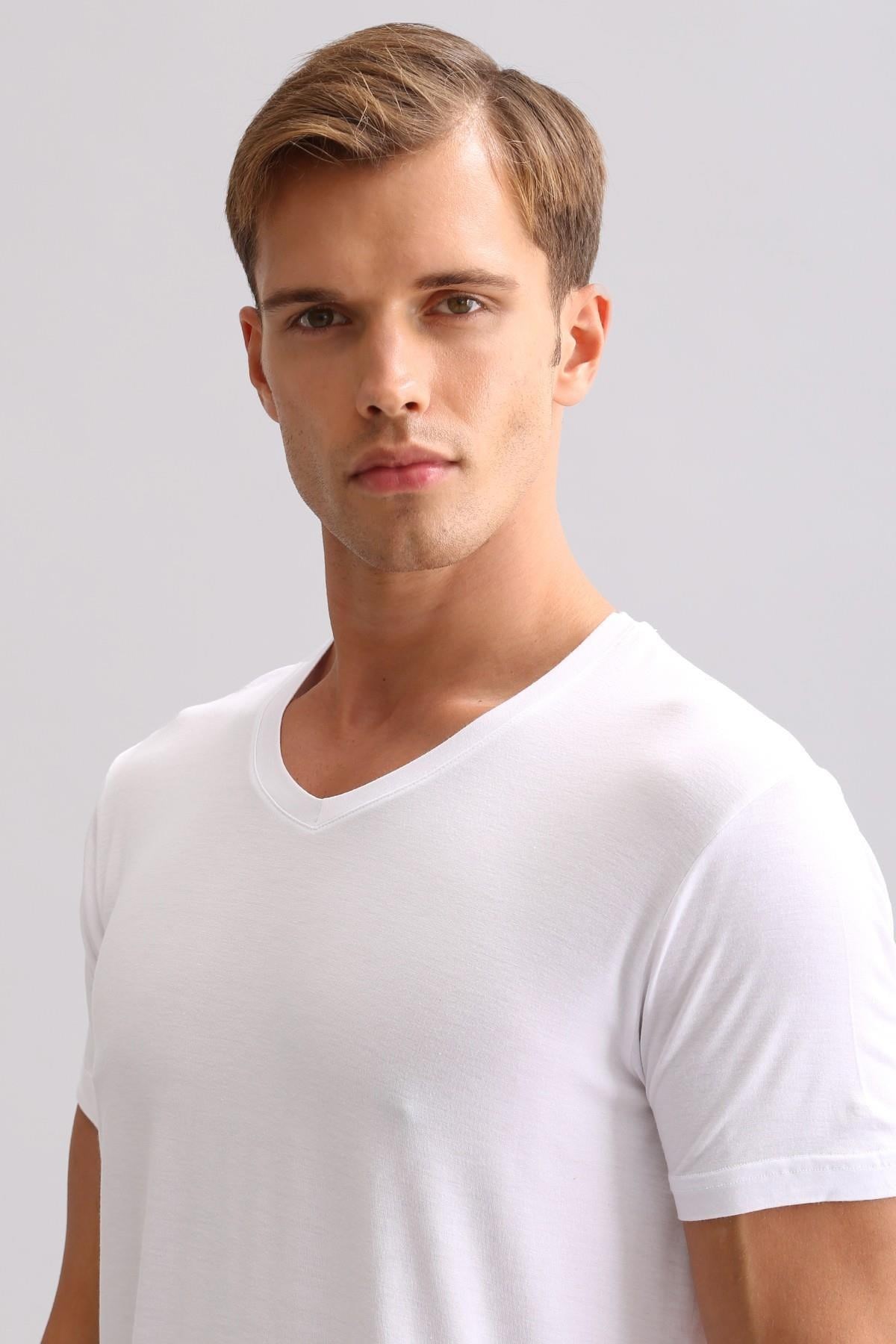 Mısırlı BAMBU ZEUS LUXURY Regular Fit V Yaka Fanila / T-Shirt Beyaz