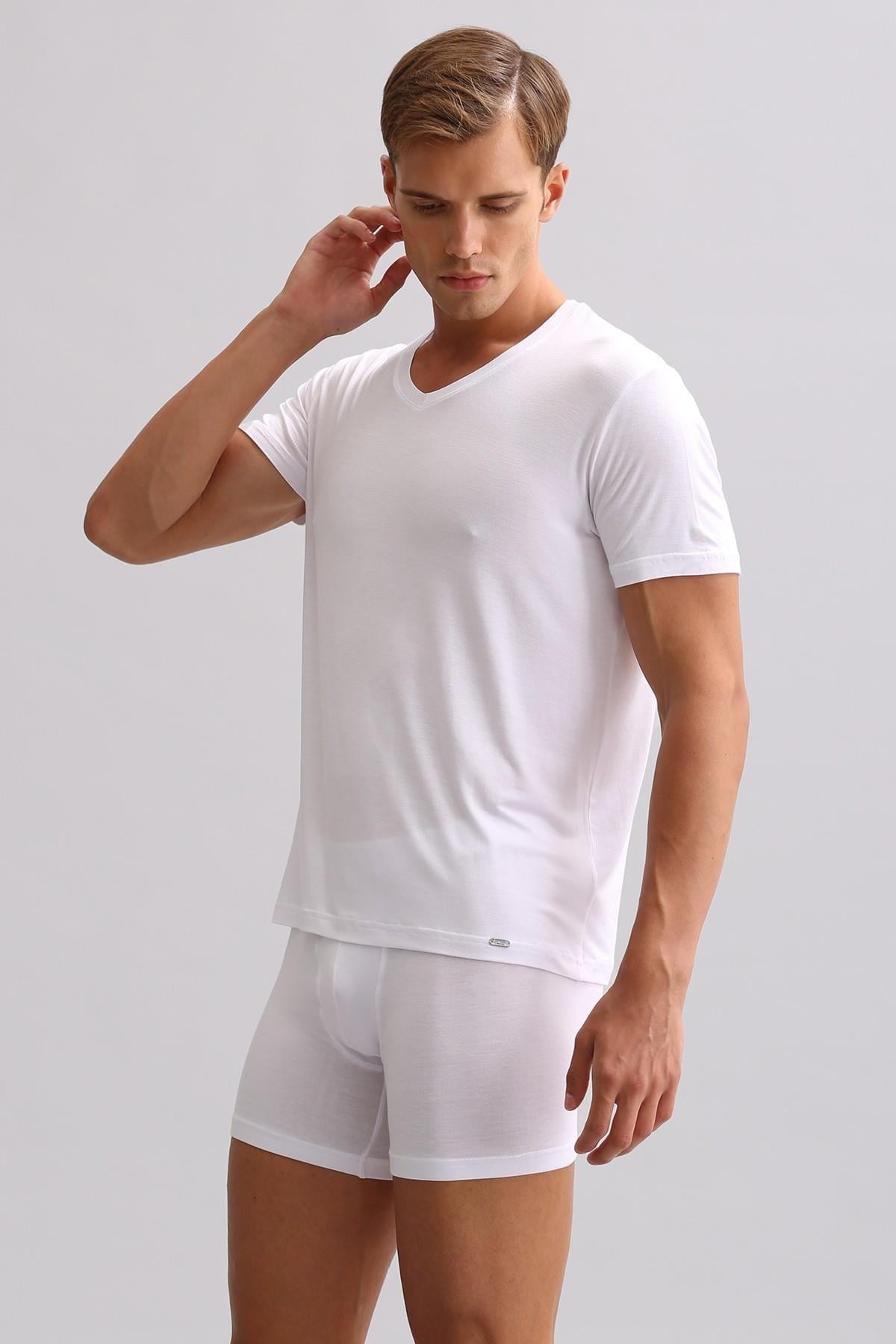 Mısırlı BAMBU ZEUS LUXURY Regular Fit V Yaka Fanila / T-Shirt Beyaz