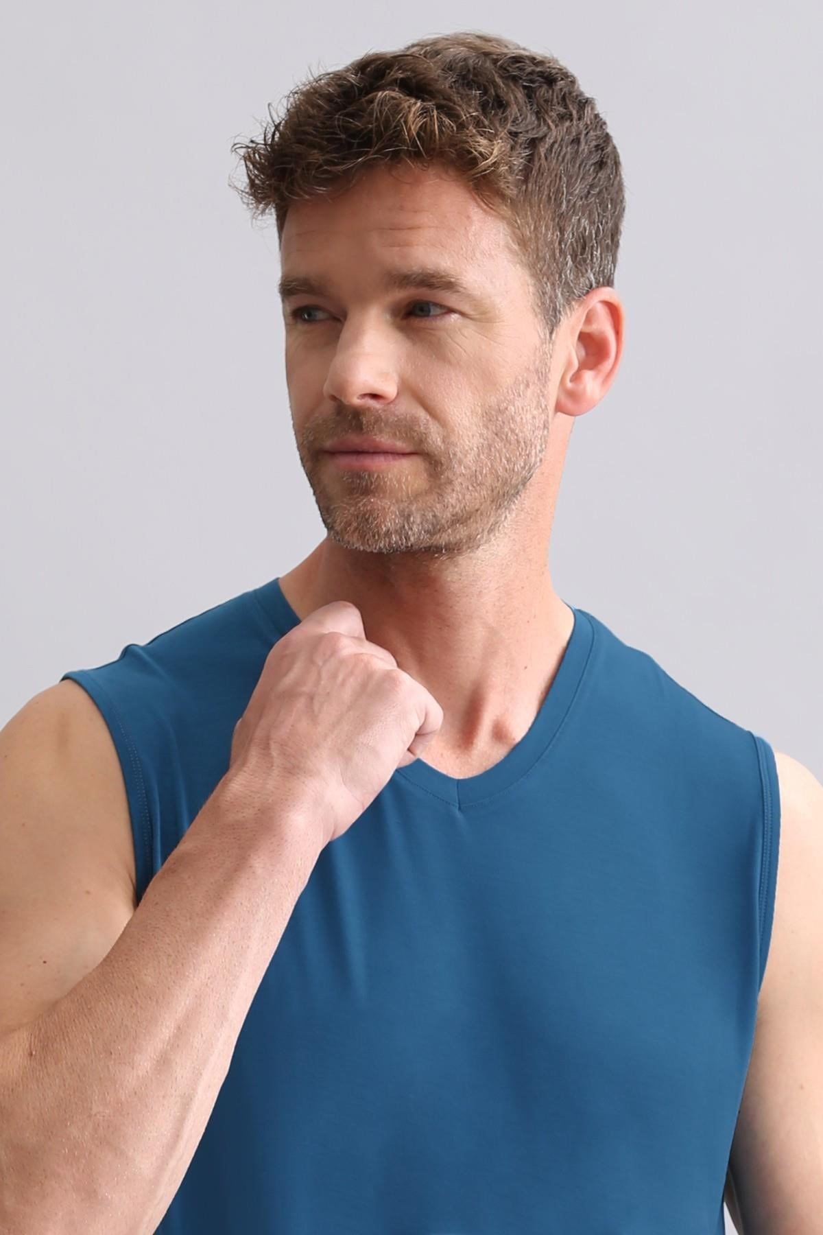 Mısırlı BAMBU ZEUS Regular Fit V Yaka Sporcu Atlet / T-Shirt Petrol Mavi