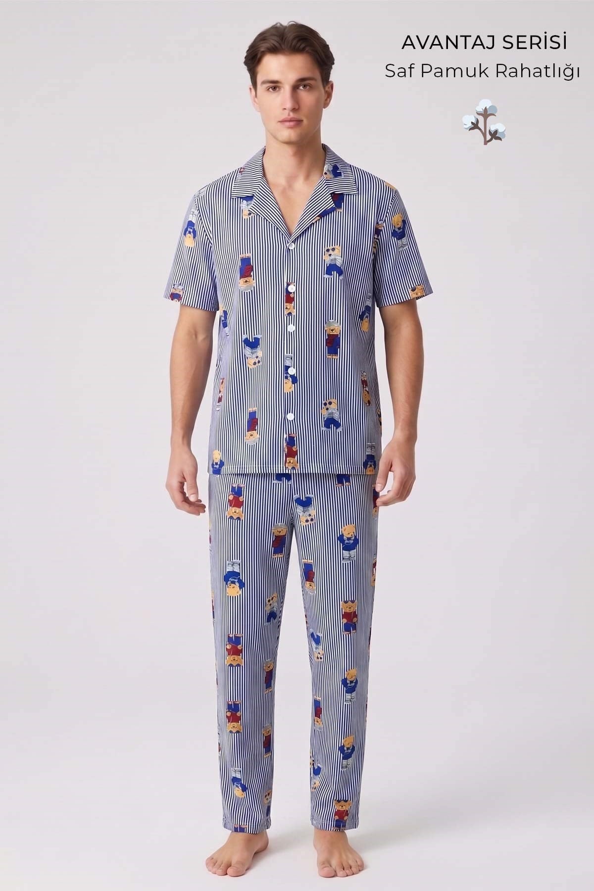 Mısırlı Erkek Pamuk Kısa Kollu Gömlek Pijama Takım Lacivert