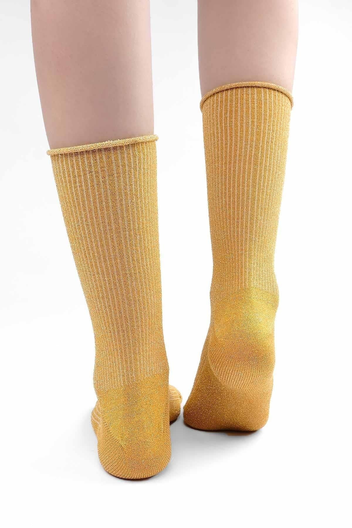 Mısırlı Kadın Bambu Simli Soket Çorap Safran