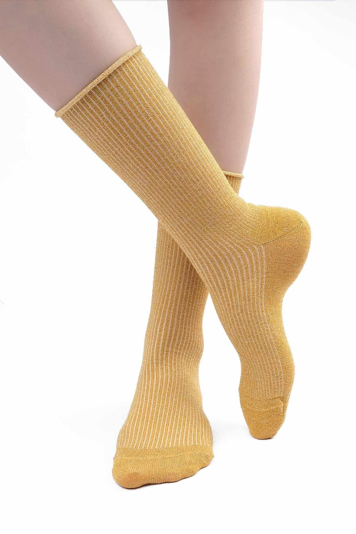 Mısırlı Kadın Bambu Simli Soket Çorap Safran
