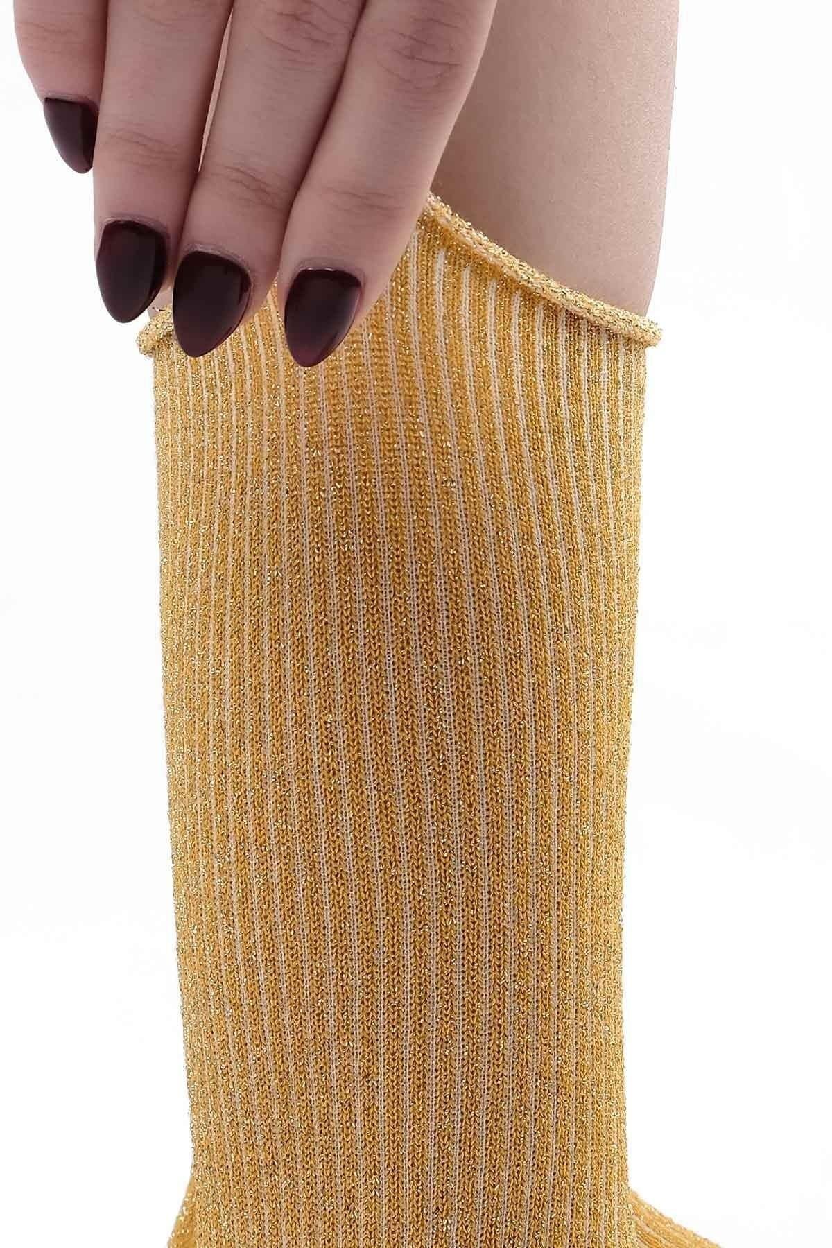 Mısırlı Kadın Bambu Simli Soket Çorap Safran