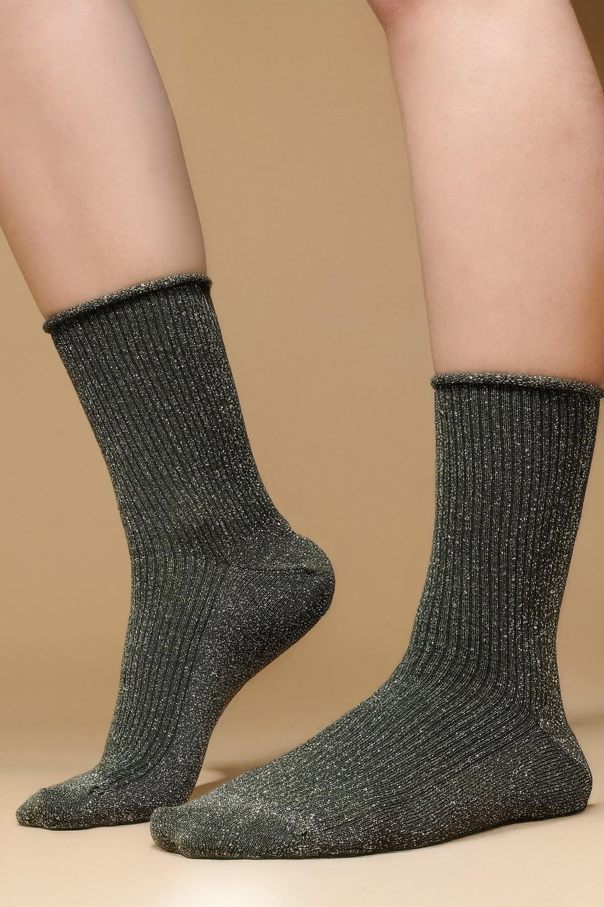 Mısırlı Kadın Bambu Simli Soket Çorap Yeşil