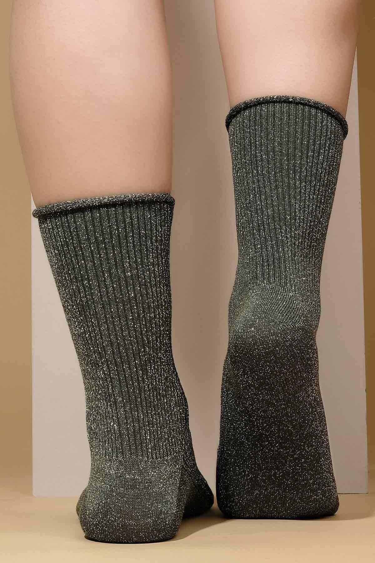 Mısırlı Kadın Bambu Simli Soket Çorap Yeşil