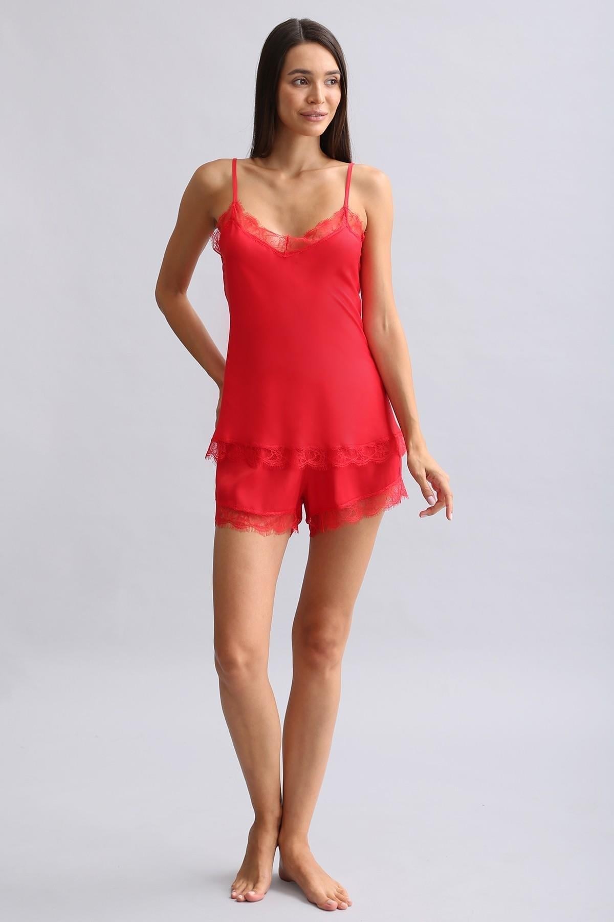 Mısırlı Kadın Bambu Şort Takımı Kırmızı