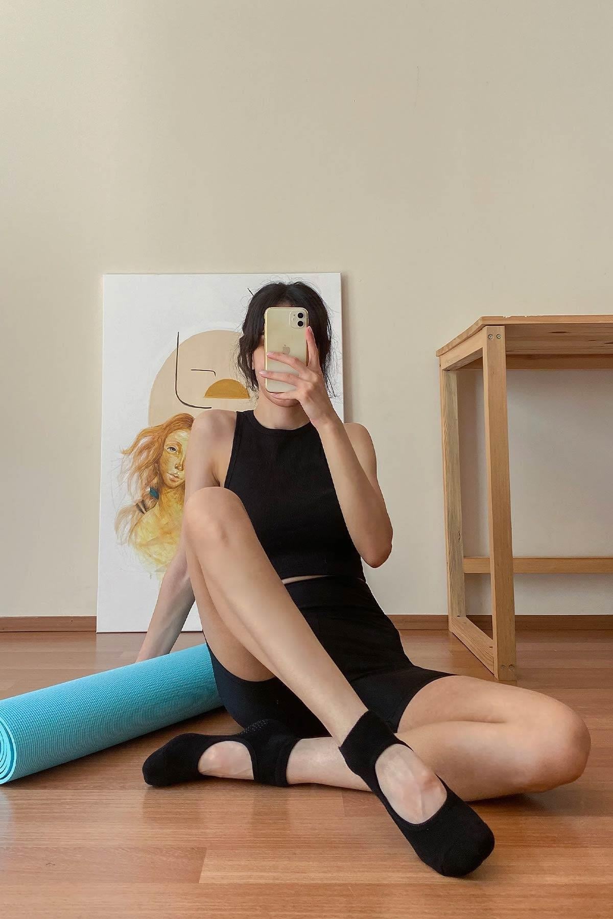 Mısırlı Kadın Kaydırmaz 2 Çift Pilates ve Yoga Çorabı Siyah