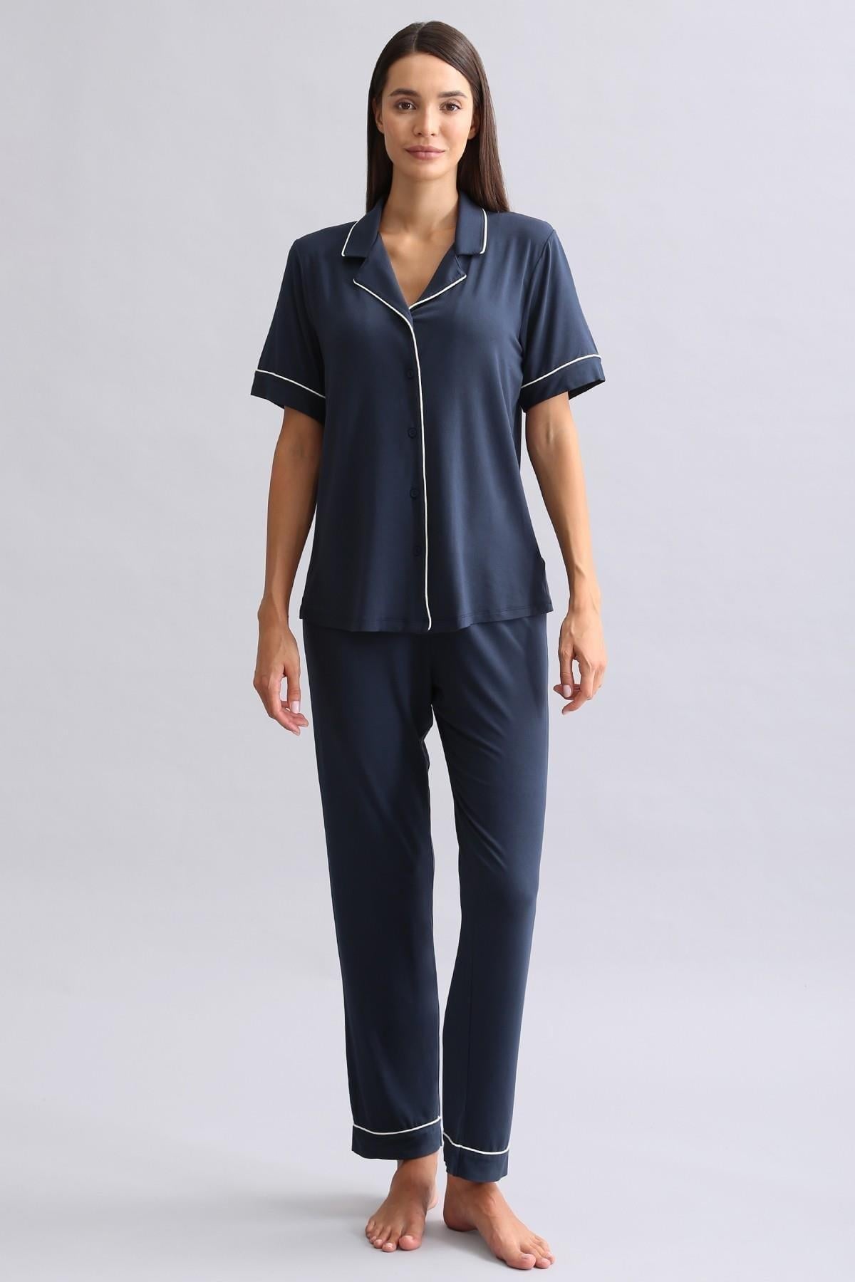 Mısırlı Kadın Modal Kısa Kollu Gömlek Gece Mavisi