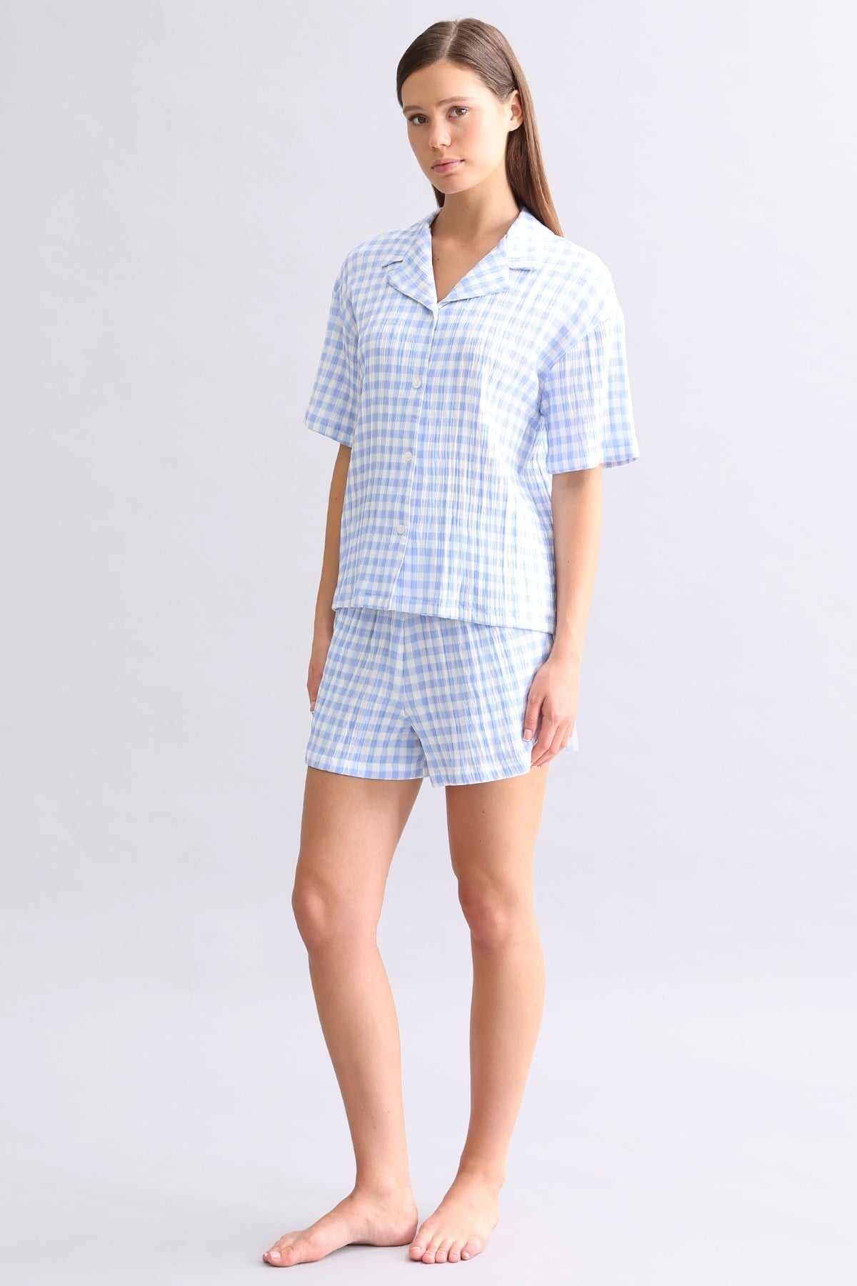 Mısırlı Kadın Pamuk Ekoseli Gömlek Şort Takım Açık Mavi