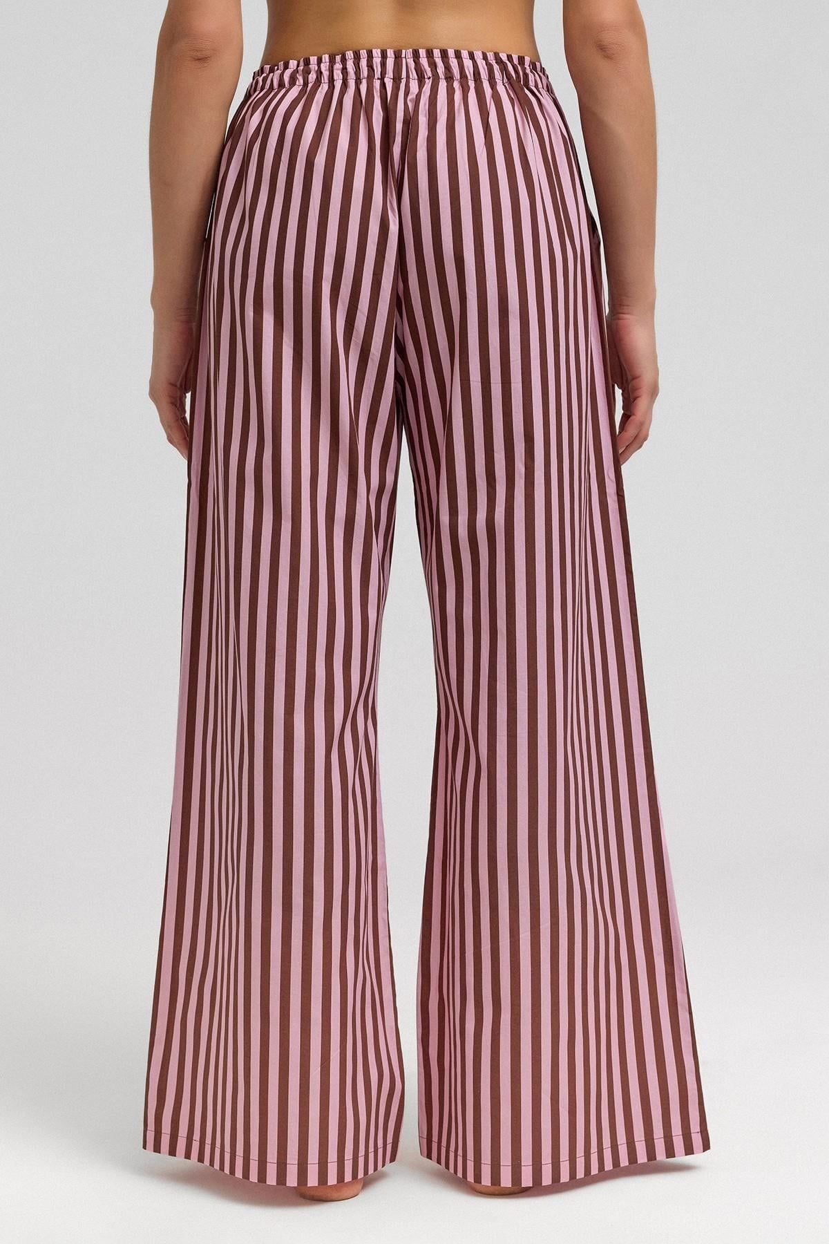 Mısırlı Kadın Pamuklu Poplin Çizgili Pijama Altı / Pantolon Kahverengi/Pembe