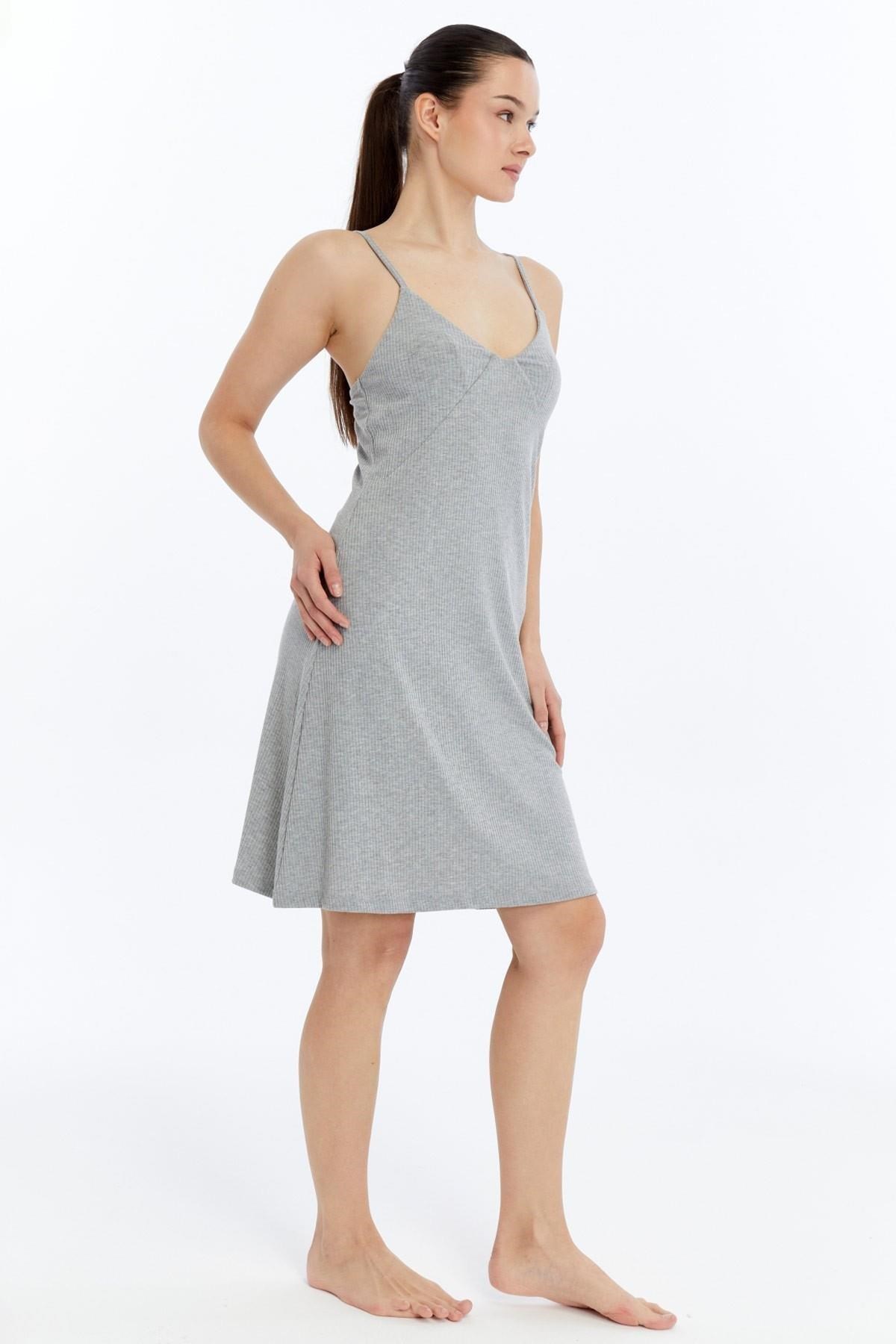 Mısırlı Kaşkorse Ribli Askılı Gecelik Gri Melanj