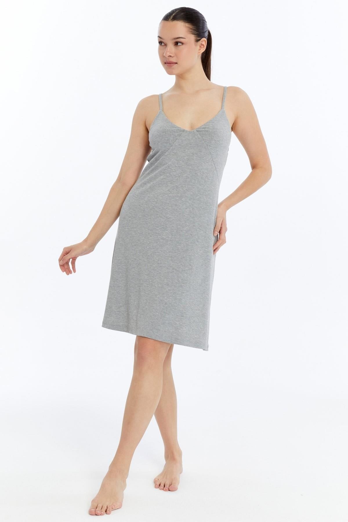 Mısırlı Kaşkorse Ribli Askılı Gecelik Gri Melanj