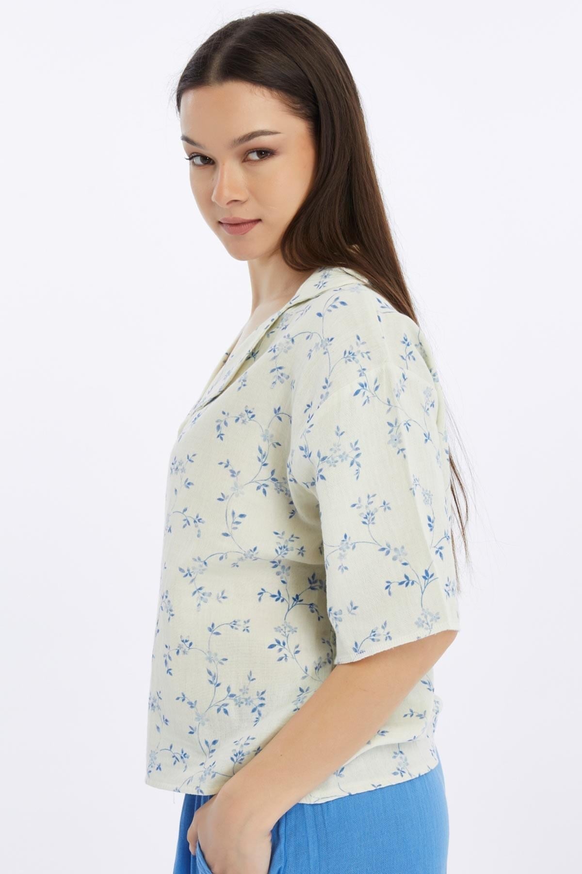 Mısırlı MÜSLİN Çiçekli Gömlek Mavi