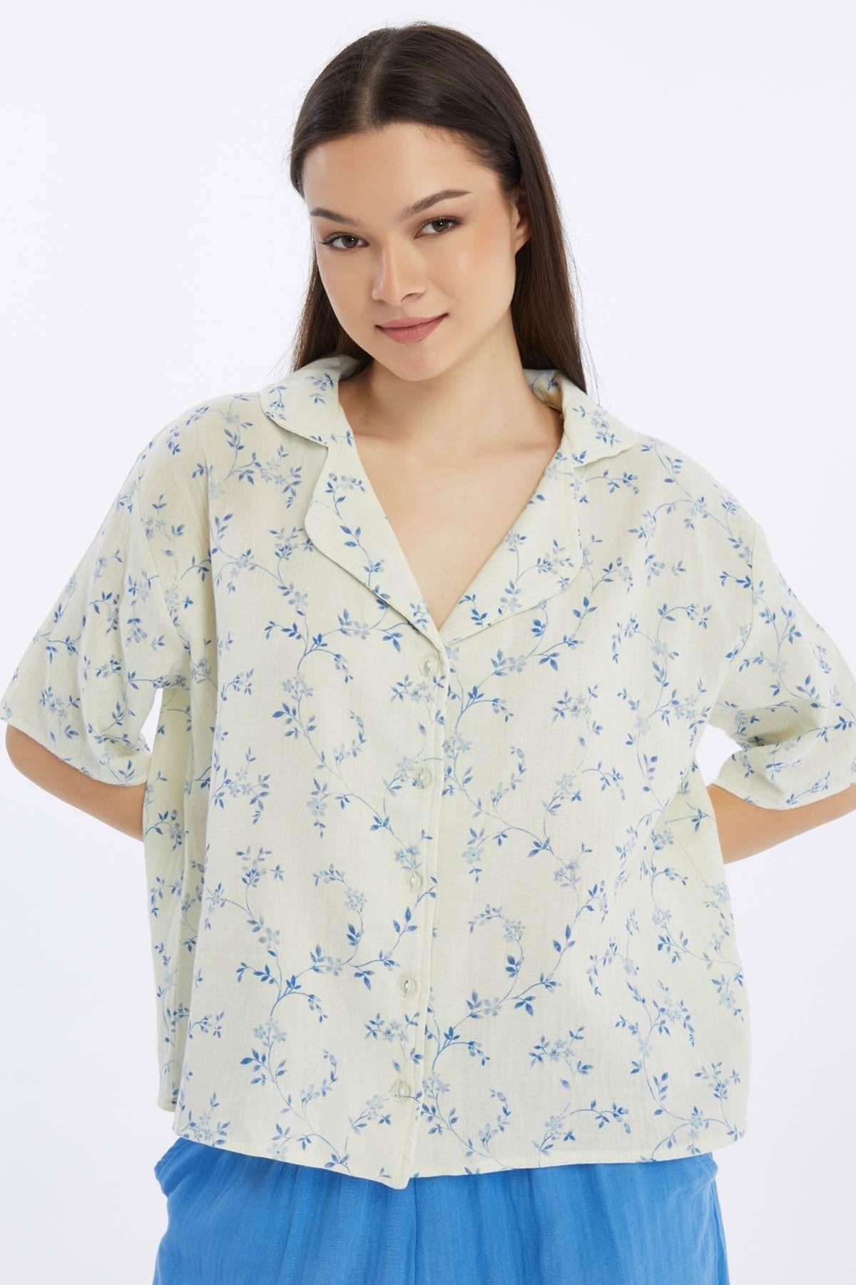 Mısırlı MÜSLİN Çiçekli Gömlek Mavi