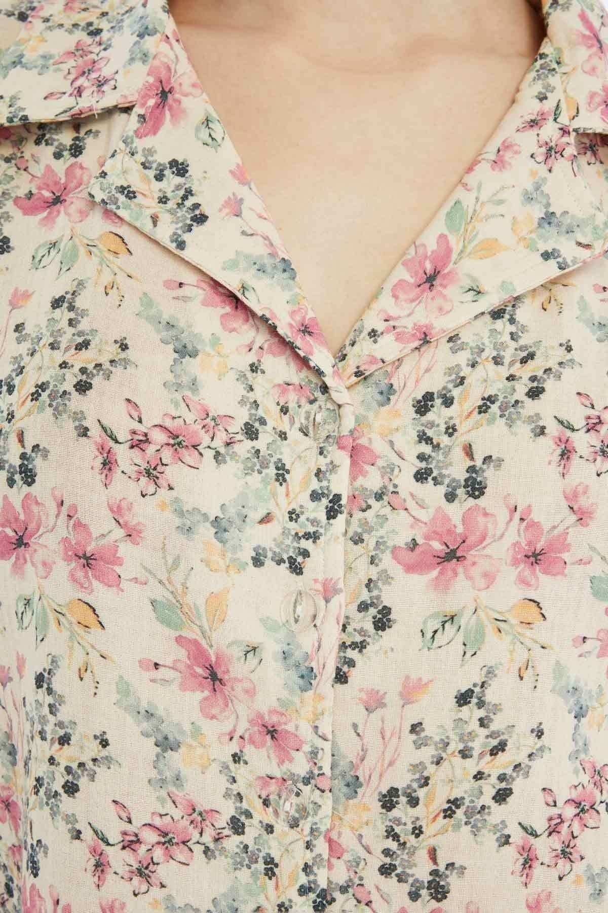 Mısırlı MÜSLİN Pamuklu Çiçekli Gömlek Pembe