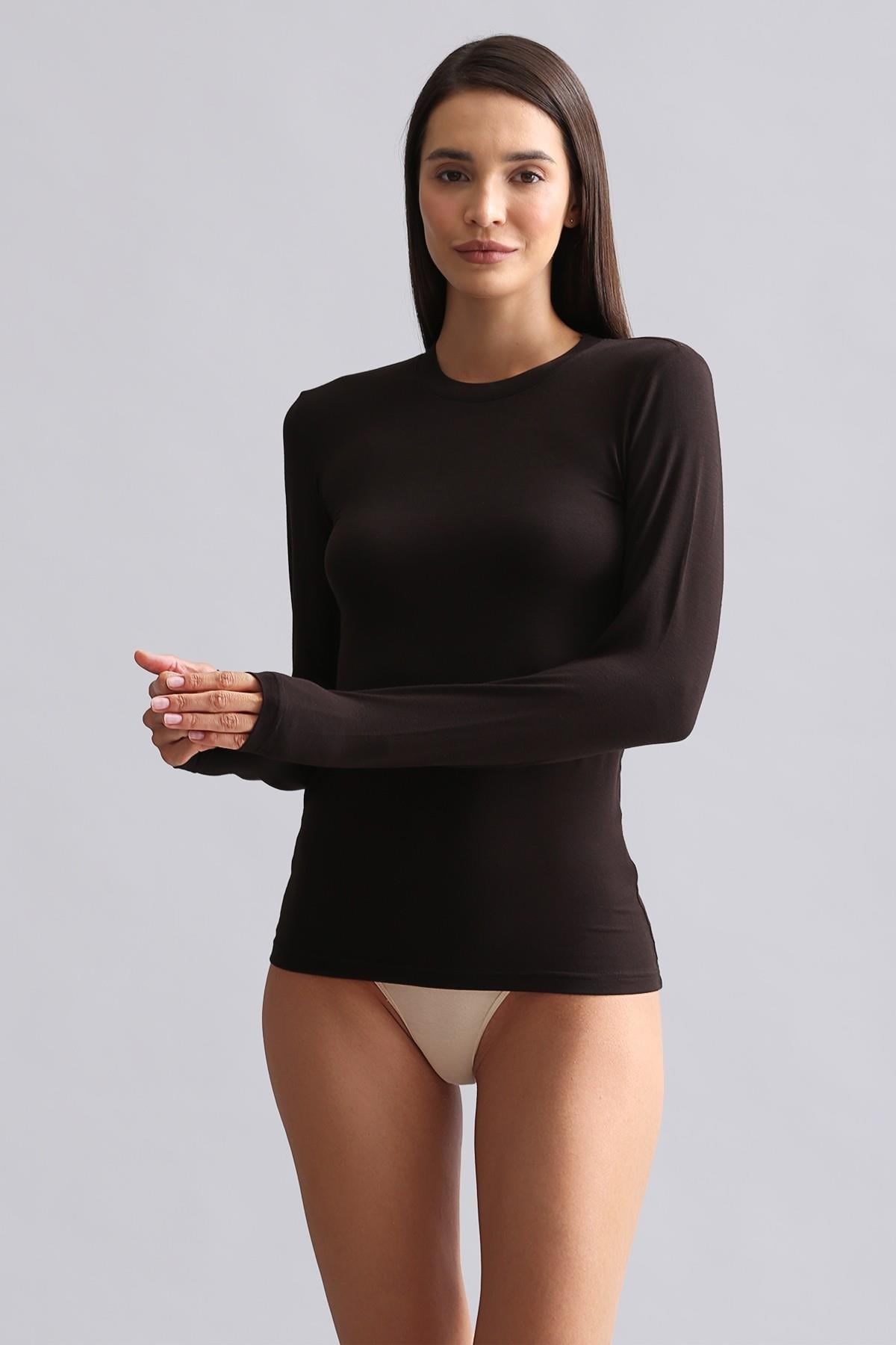 Mısırlı Modal by TENCEL BRITT Bisiklet Yaka Uzun Kollu Fanila / Sweatshirt Kahverengi