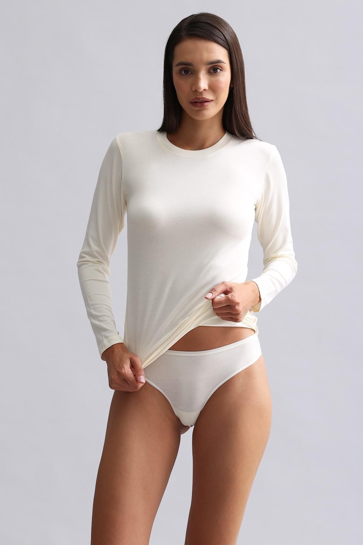 Mısırlı Modal by TENCEL BRITT Bisiklet Yaka Uzun Kollu Fanila / Sweatshirt Ekru