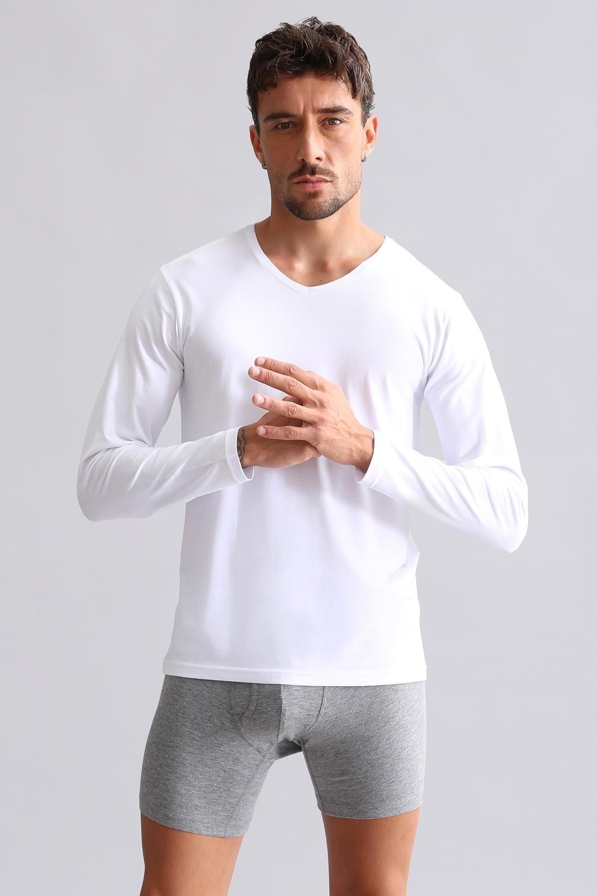 Mısırlı Modal by TENCEL HERCULES Slim Fit V Yaka Uzun Kollu Fanila / T-Shirt Beyaz