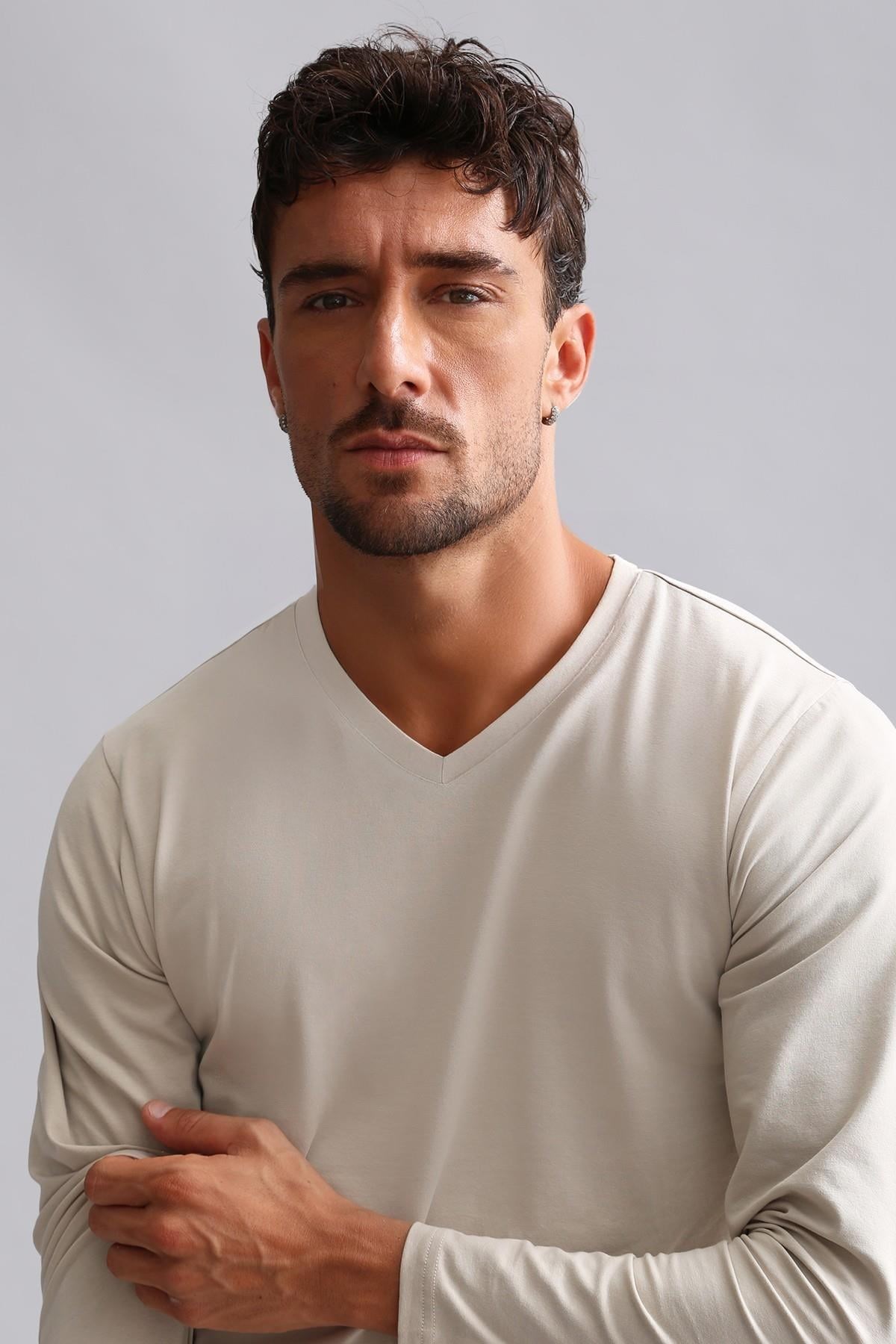 Mısırlı Modal by TENCEL HERCULES Slim Fit V Yaka Uzun Kollu Fanila / T-Shirt Toprak Bej