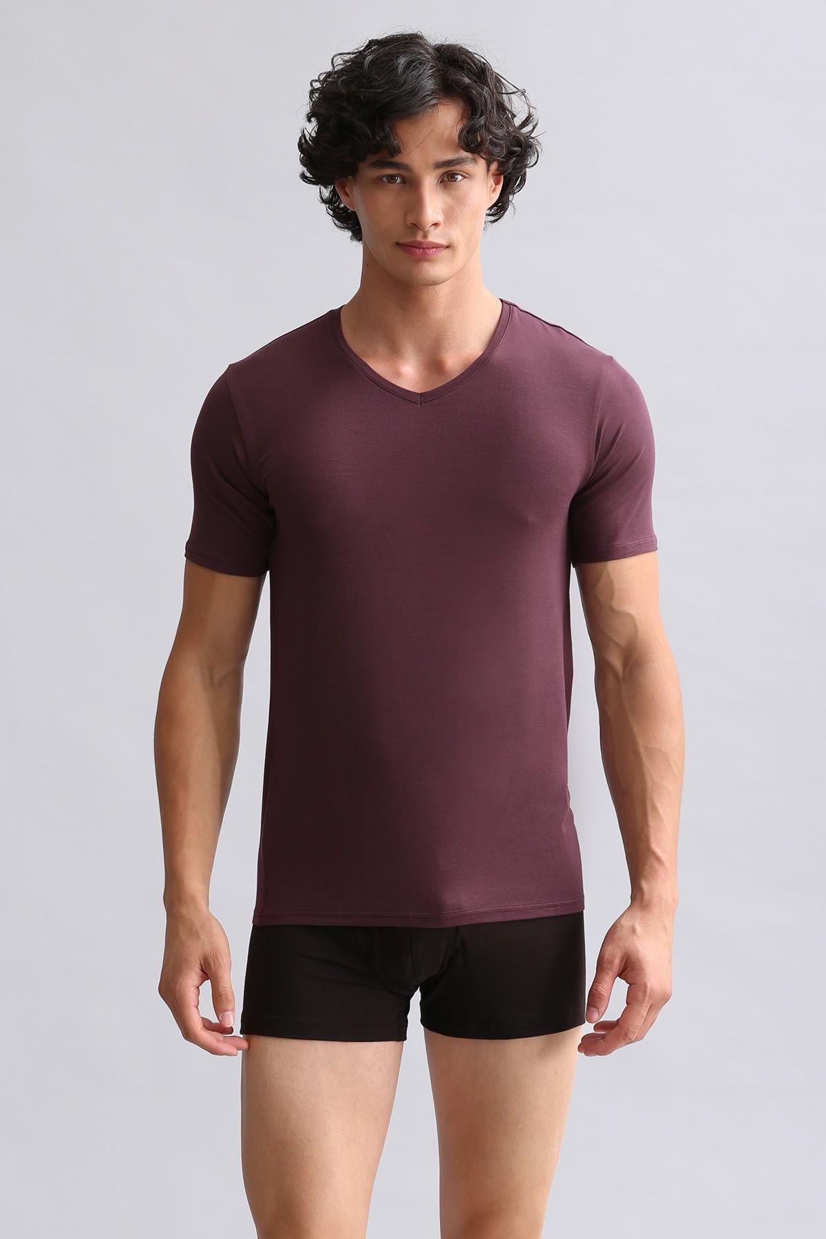 Mısırlı Modal by TENCEL HERCULES Slim Fit V Yaka Fanila / T-Shirt Mor