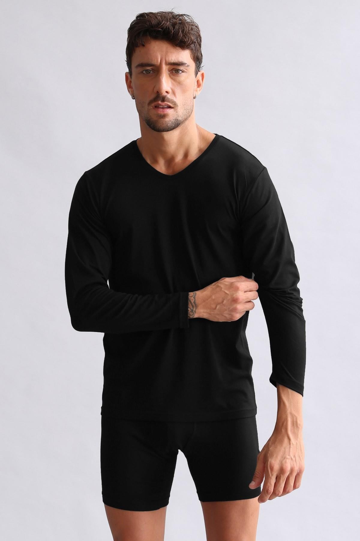 Mısırlı Modal by TENCEL HERCULES Slim Fit V Yaka Uzun Kollu Fanila / T-Shirt Siyah