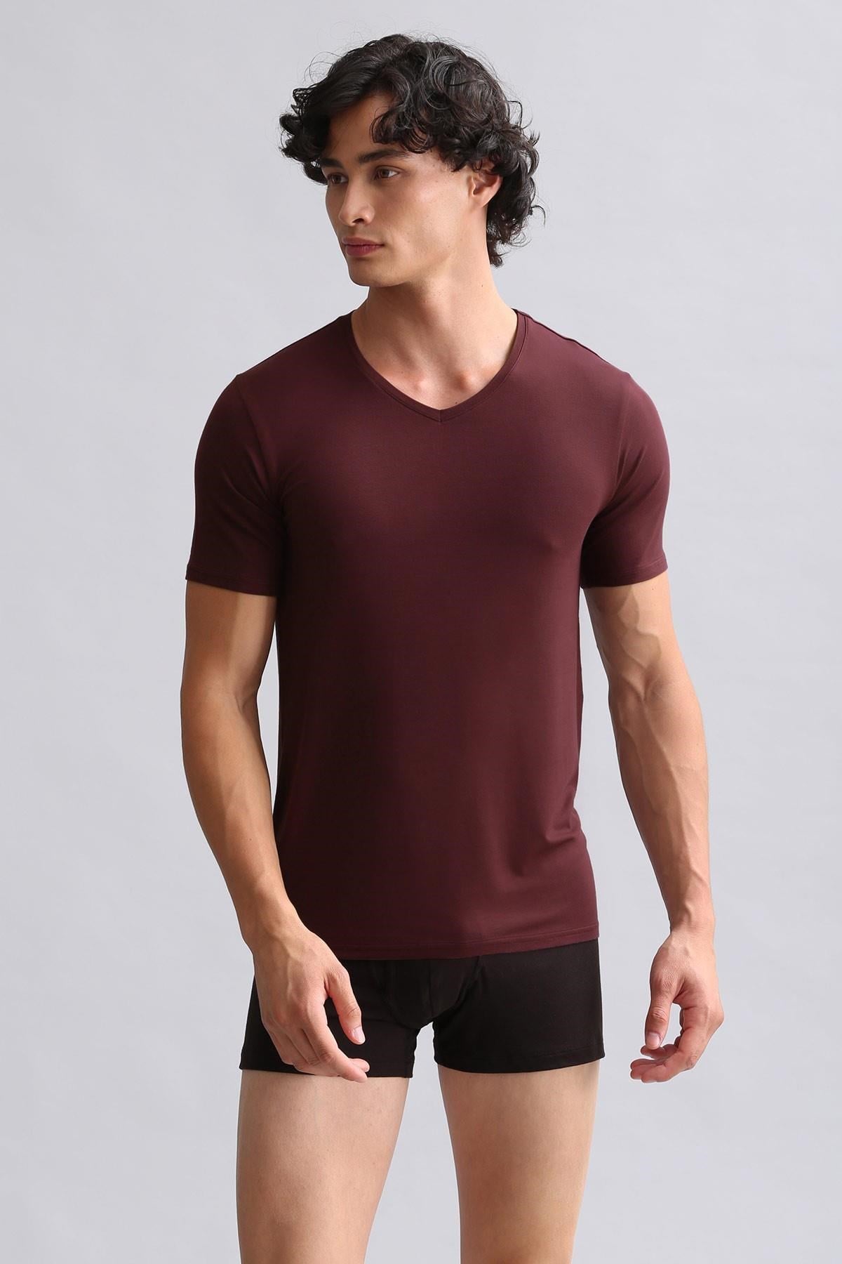 Mısırlı Modal by TENCEL HERCULES Slim Fit V Yaka Fanila / T-Shirt Bordo