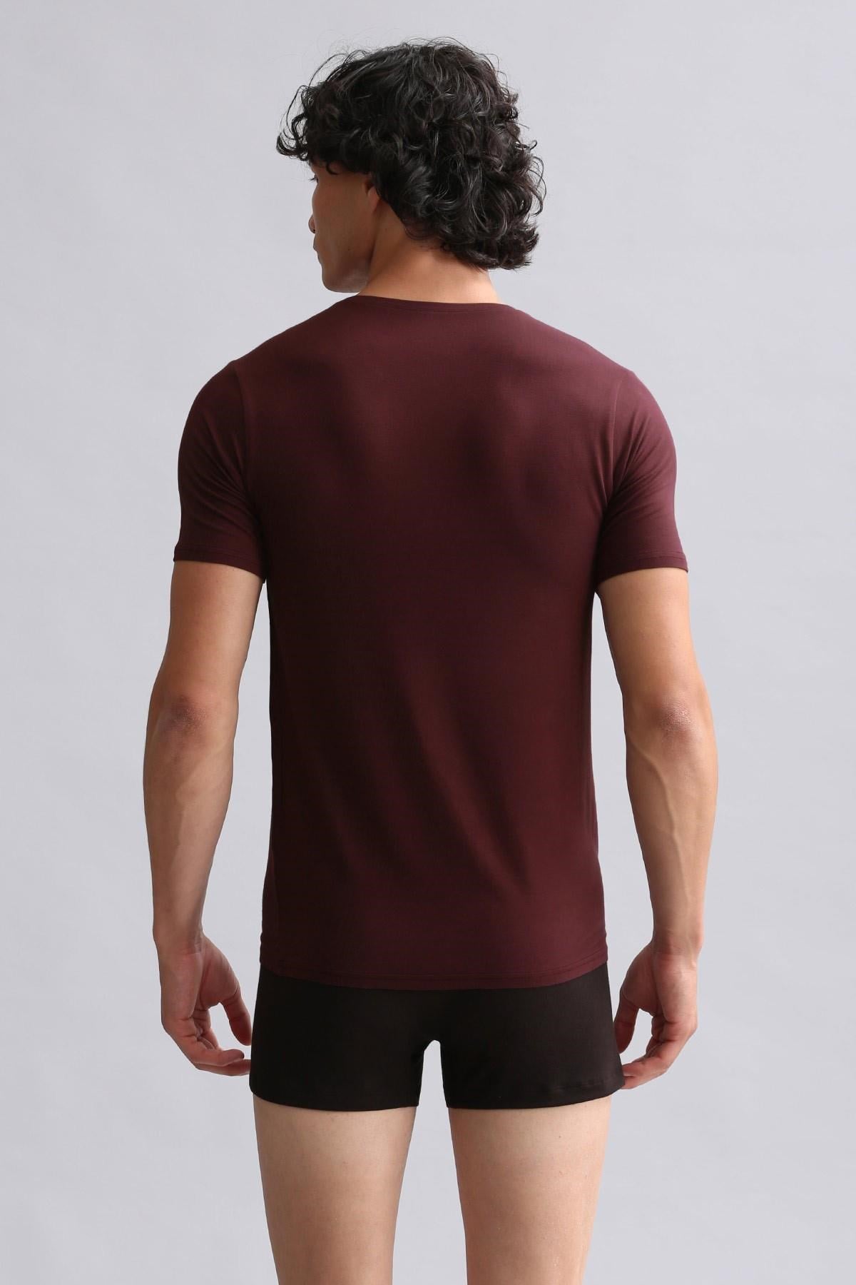 Mısırlı Modal by TENCEL HERCULES Slim Fit V Yaka Fanila / T-Shirt Bordo
