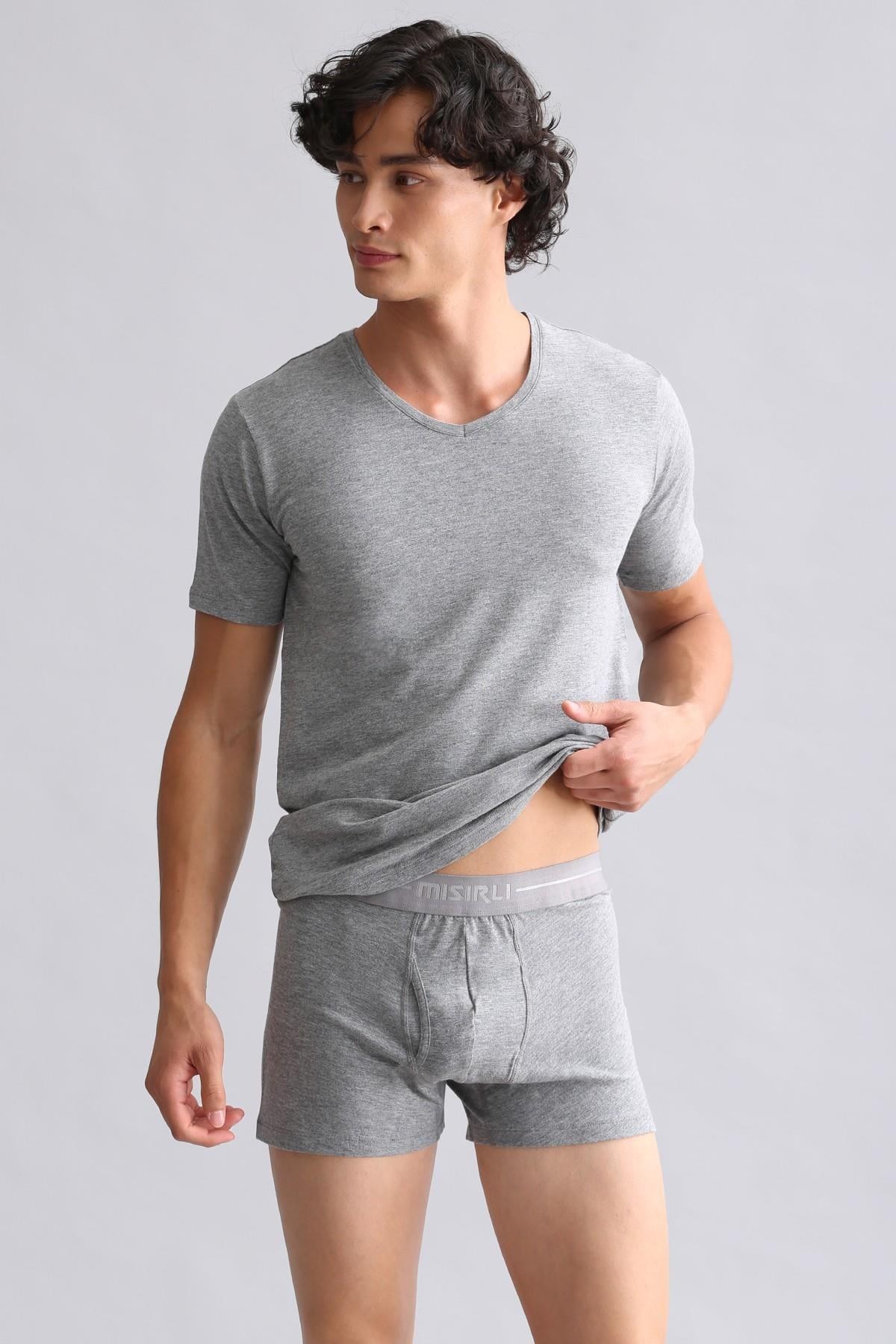 Mısırlı Modal by TENCEL HERCULES Slim Fit V Yaka Fanila / T-Shirt Gri Melanj