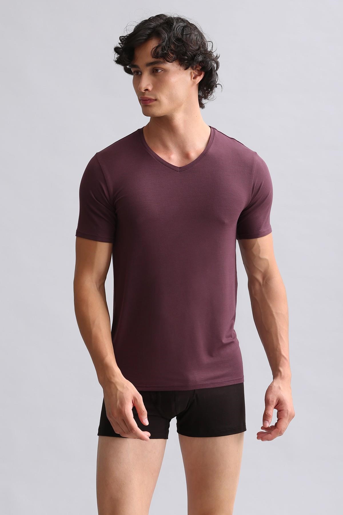 Mısırlı Modal by TENCEL HERCULES Slim Fit V Yaka Fanila / T-Shirt Mor
