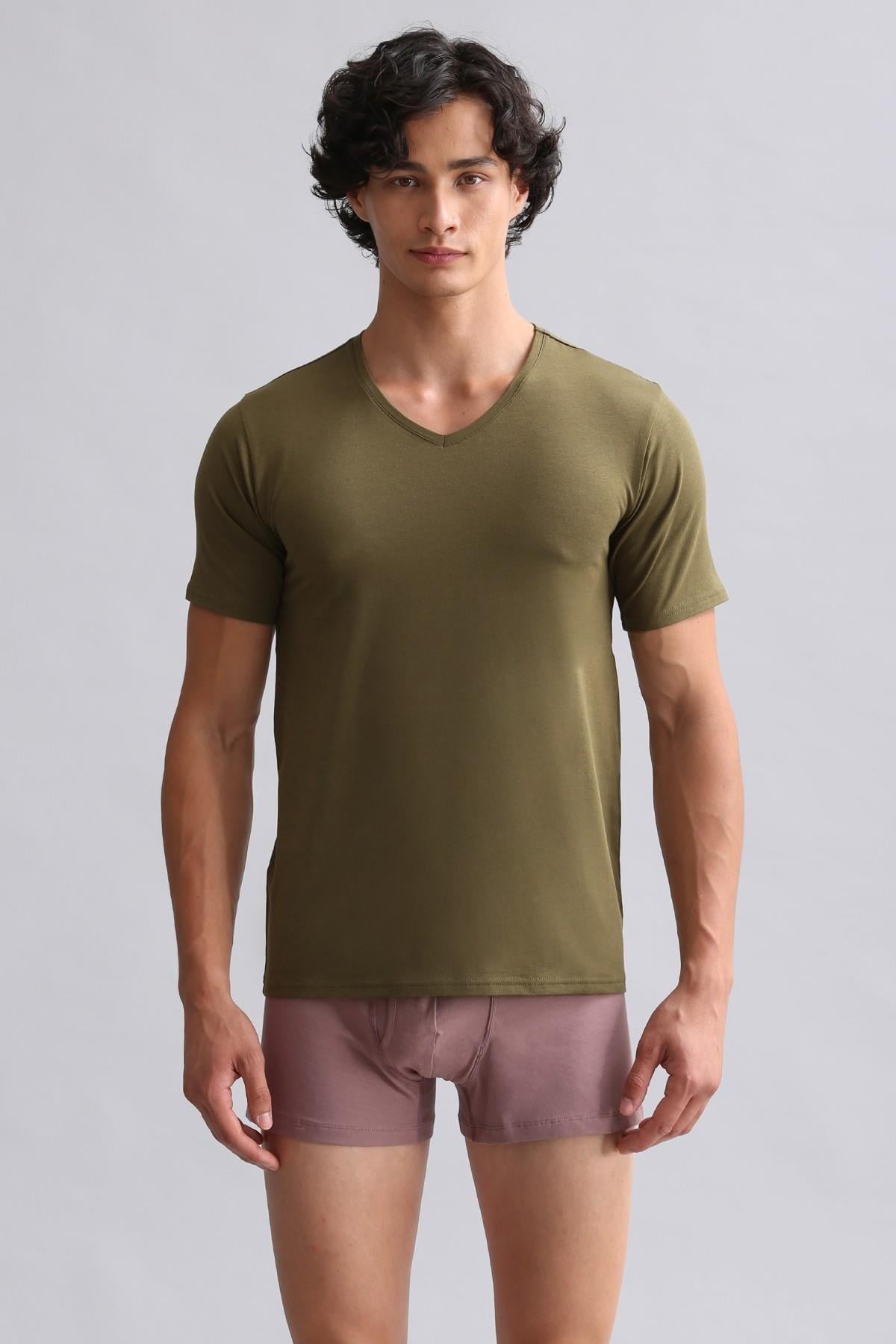 Mısırlı Modal by TENCEL HERCULES Slim Fit V Yaka Fanila / T-Shirt Koyu Haki