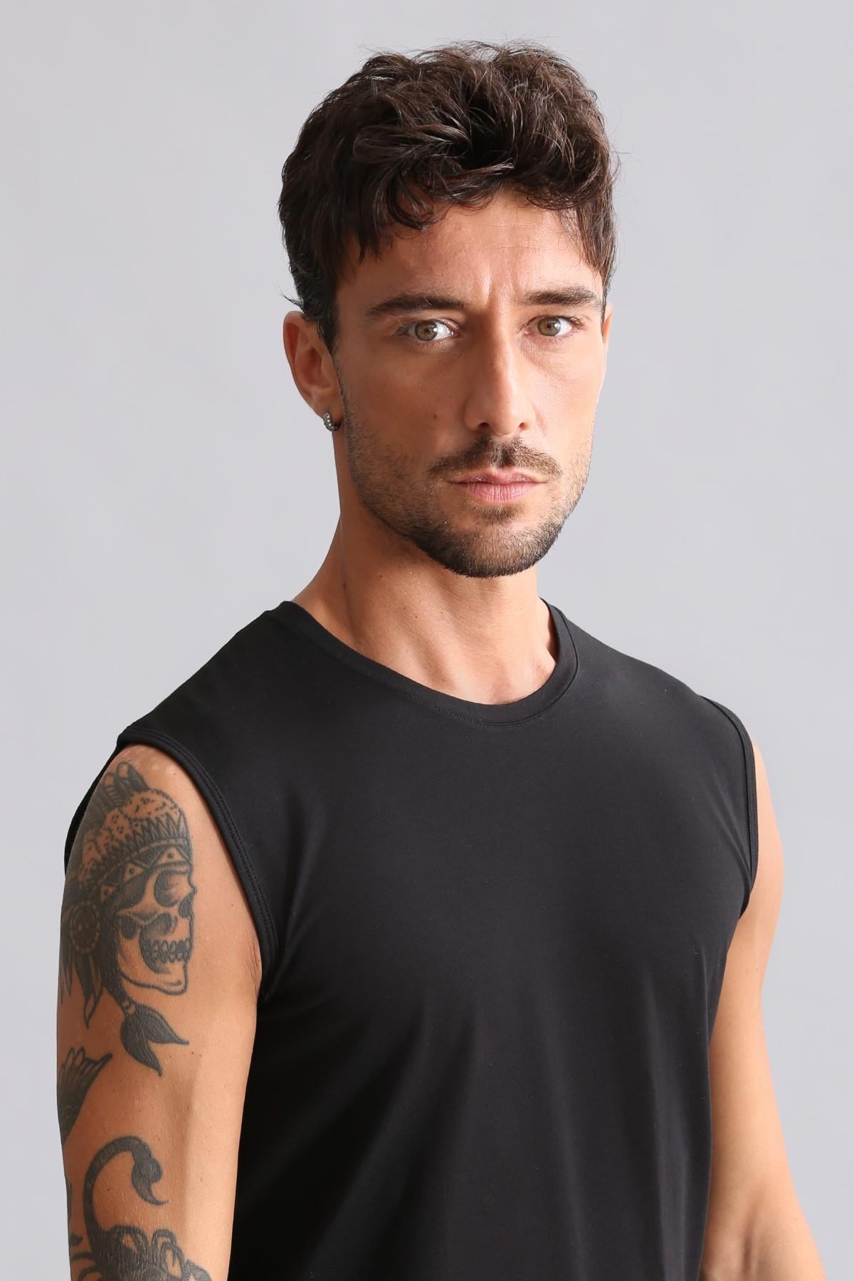 Mısırlı Modal by TENCEL HERCULES Slim Fit Bisiklet Yaka Sporcu Atlet / T-Shirt Siyah