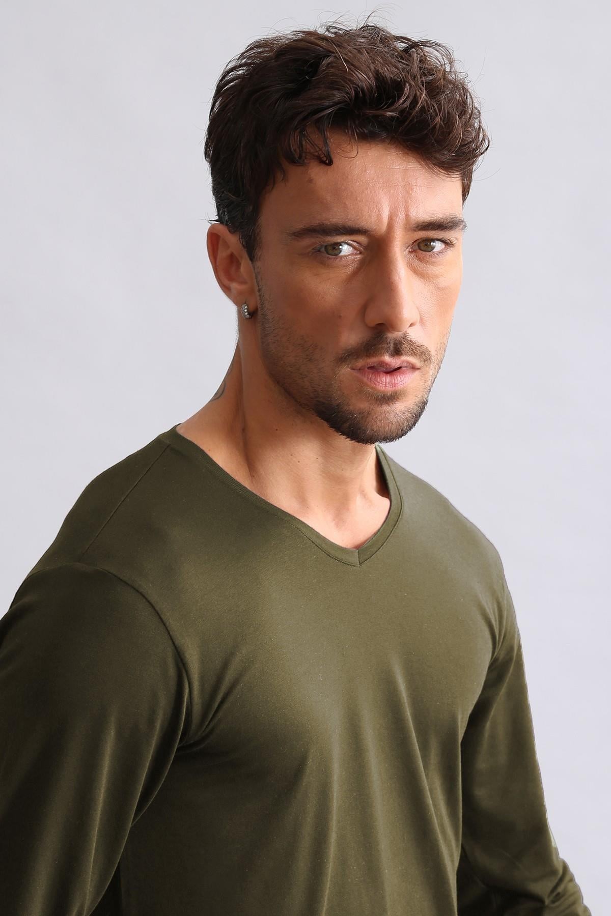 Mısırlı Modal by TENCEL HERCULES Slim Fit V Yaka Uzun Kollu Fanila / T-Shirt Koyu Haki