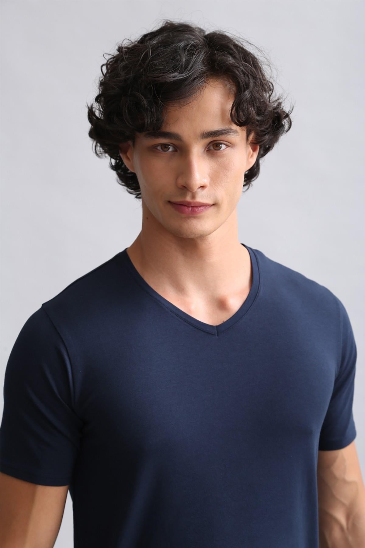 Mısırlı Modal by TENCEL HERCULES Slim Fit V Yaka Fanila / T-Shirt Lacivert