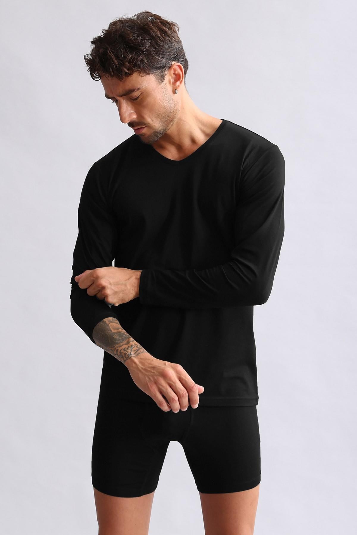 Mısırlı Modal by TENCEL HERCULES Slim Fit V Yaka Uzun Kollu Fanila / T-Shirt Siyah