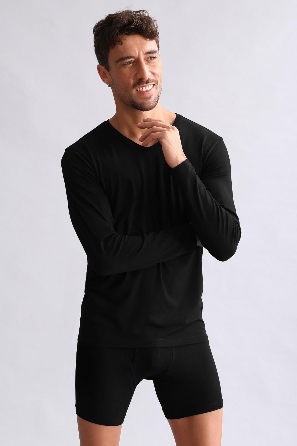 Mısırlı Modal by TENCEL HERCULES Slim Fit V Yaka Uzun Kollu Fanila / T-Shirt Siyah