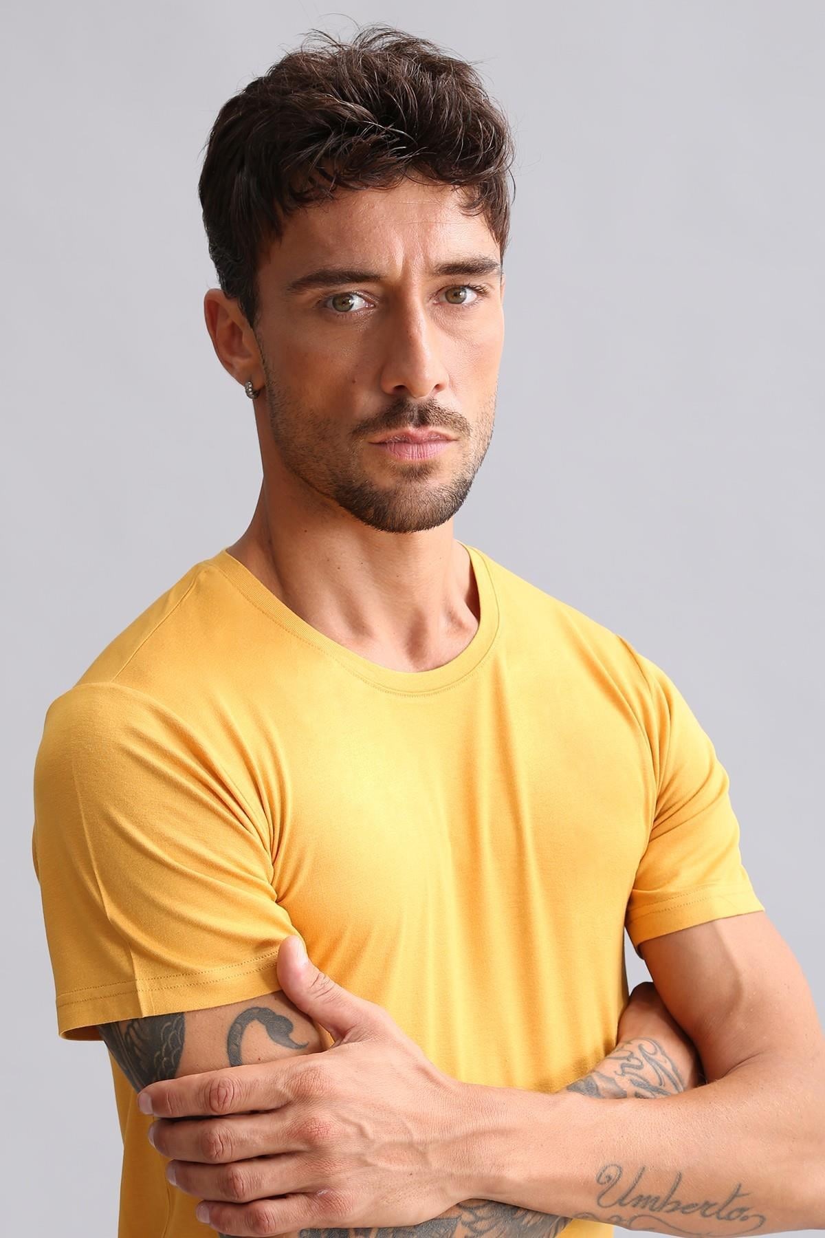 Mısırlı Modal by TENCEL HERCULES Slim Fit Bisiklet Yaka Fanila / T-Shirt Hardal