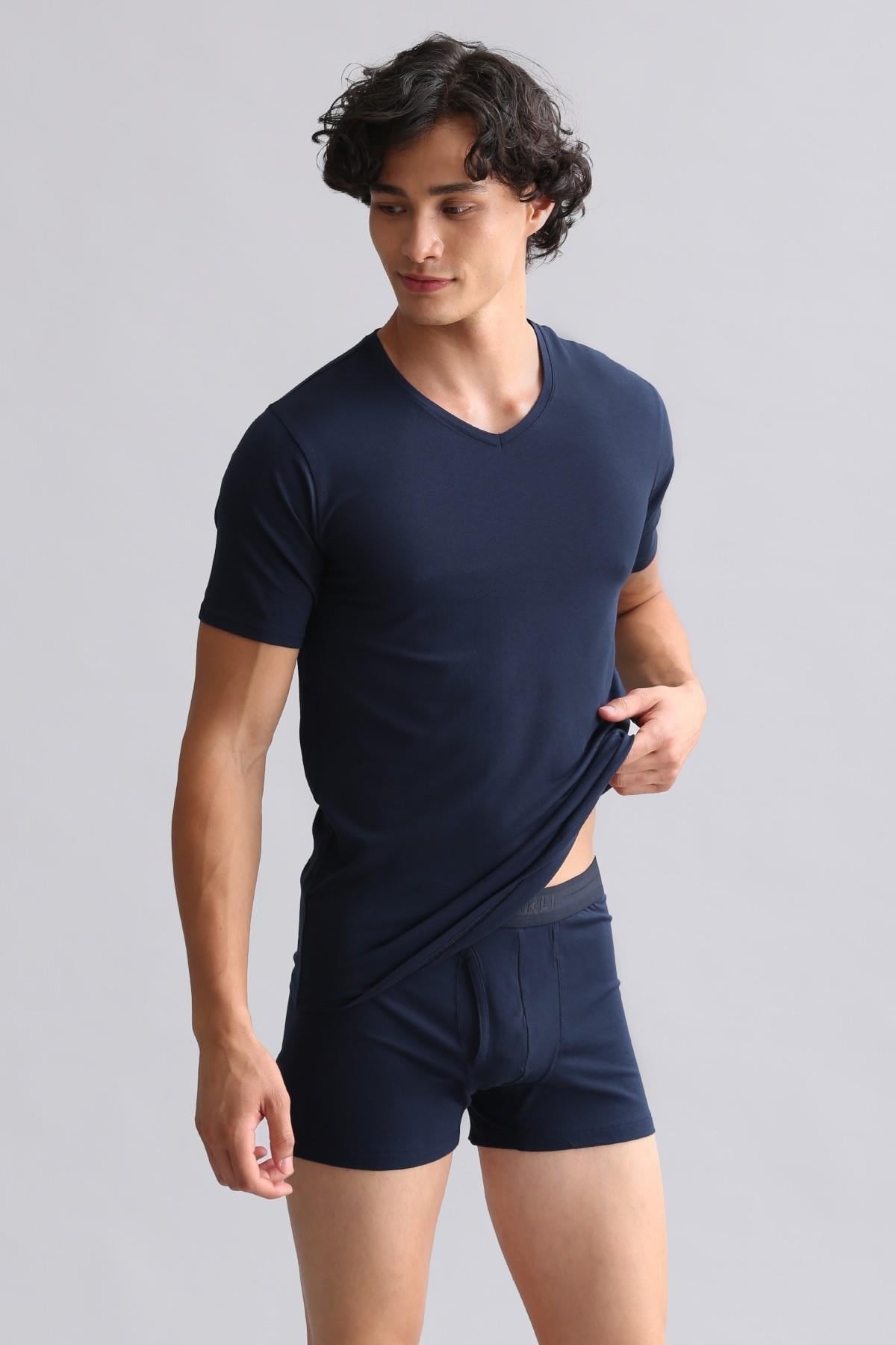 Mısırlı Modal by TENCEL HERCULES Slim Fit V Yaka Fanila / T-Shirt Lacivert