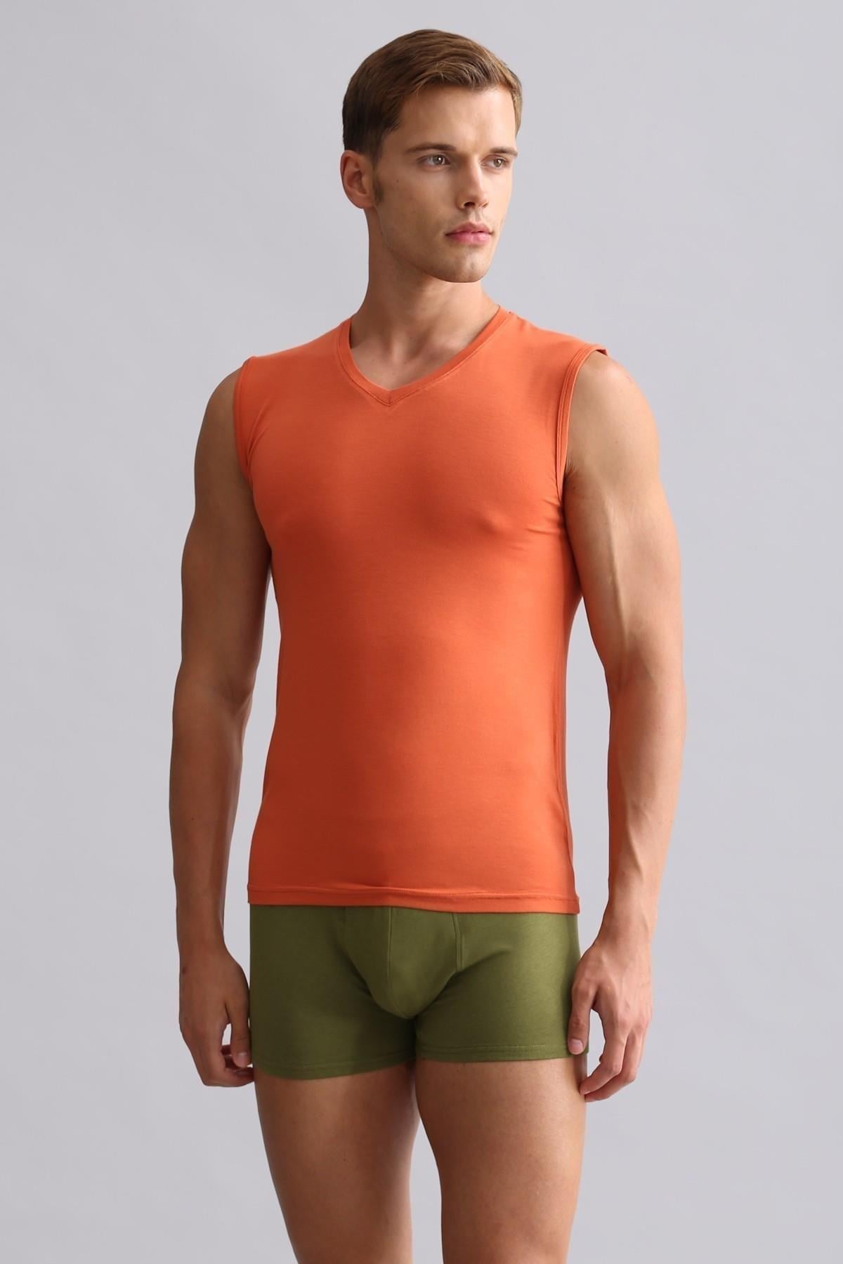 Mısırlı Modal by TENCEL HERCULES Slim Fit V Yaka Sporcu Atlet / T-Shirt Pas Kırmızı