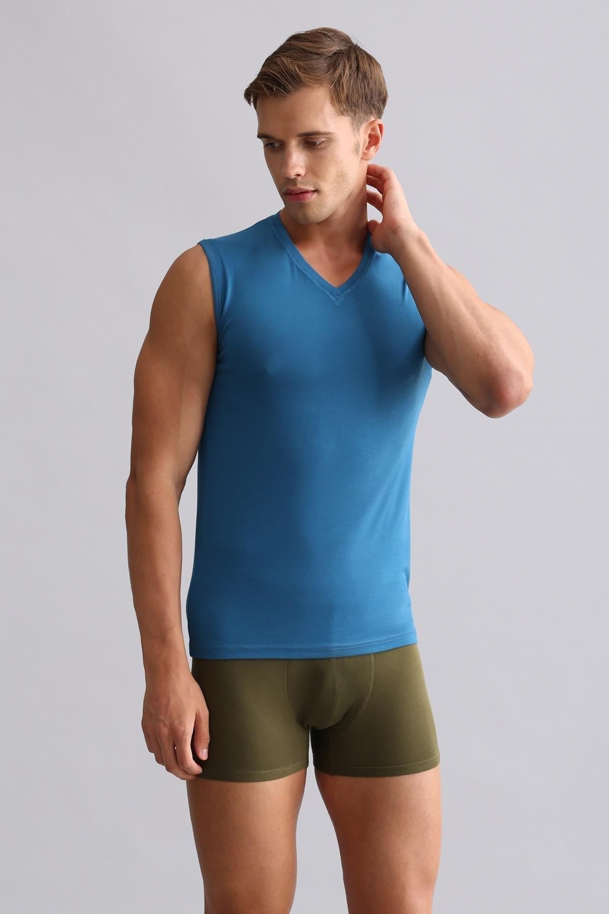 Mısırlı Modal by TENCEL HERCULES Slim Fit V Yaka Sporcu Atlet / T-Shirt Petrol