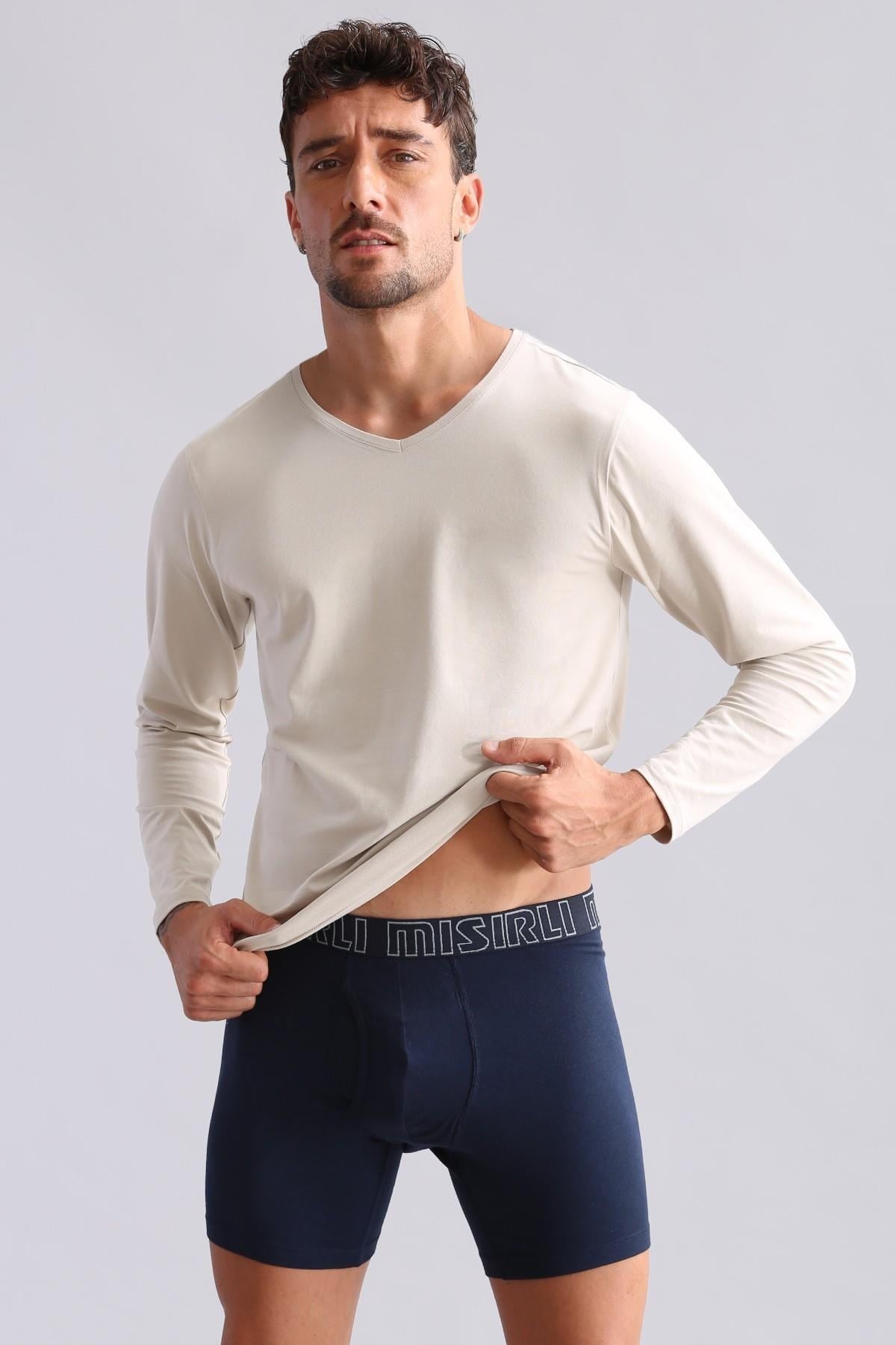 Mısırlı Modal by TENCEL HERCULES Slim Fit V Yaka Uzun Kollu Fanila / T-Shirt Toprak Bej