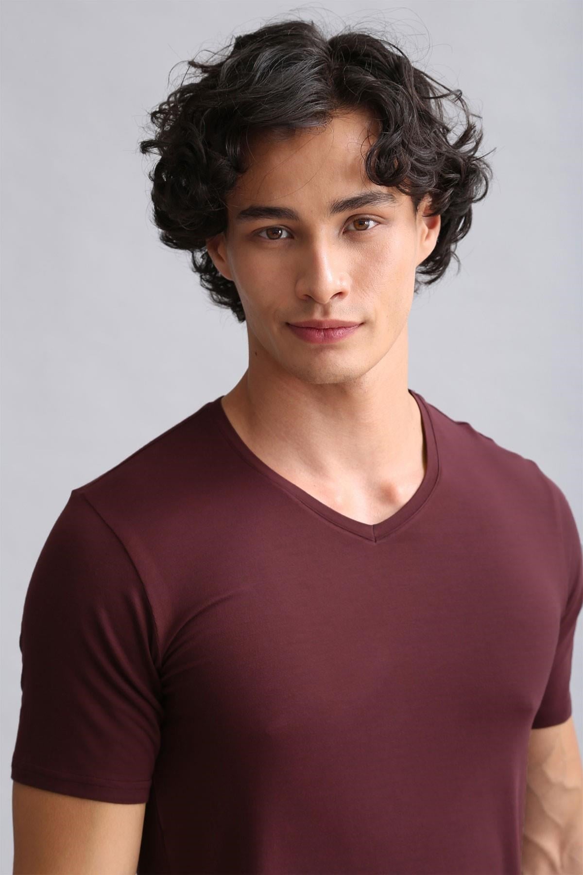 Mısırlı Modal by TENCEL HERCULES Slim Fit V Yaka Fanila / T-Shirt Bordo