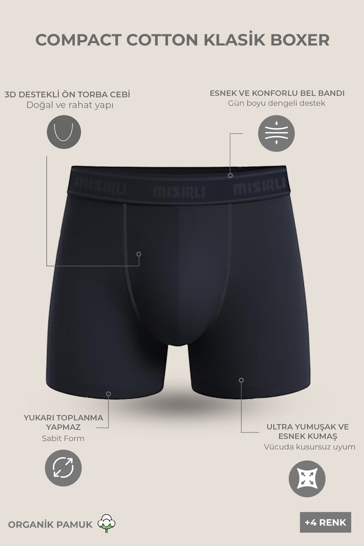 Mısırlı ORGANIC Pamuklu Compact Cotton Klasik Boxer Beyaz