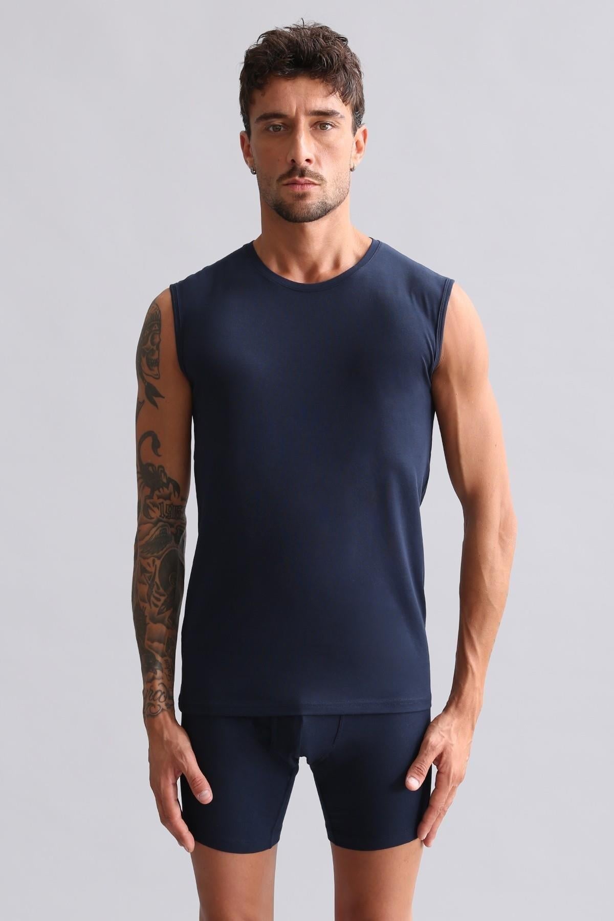 Mısırlı ORGANIC Pamuklu HERCULES Slim Fit Bisiklet Yaka Sporcu Atlet / T-Shirt Lacivert