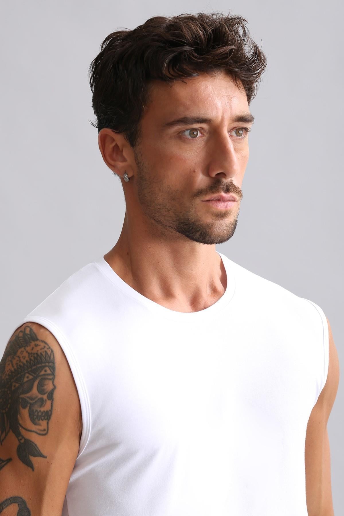 Mısırlı ORGANIC Pamuklu HERCULES Slim Fit Bisiklet Yaka Sporcu Atlet / T-Shirt Beyaz