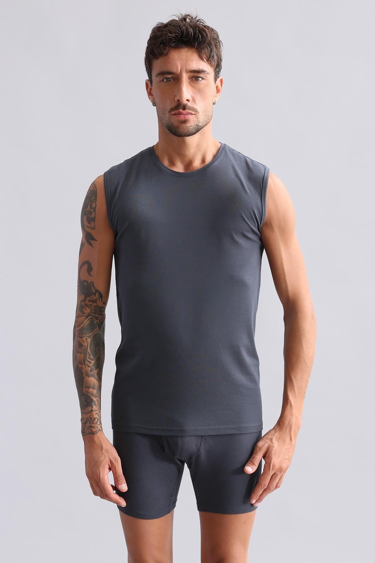Mısırlı ORGANIC Pamuklu HERCULES Slim Fit Bisiklet Yaka Sporcu Atlet / T-Shirt Antrasit
