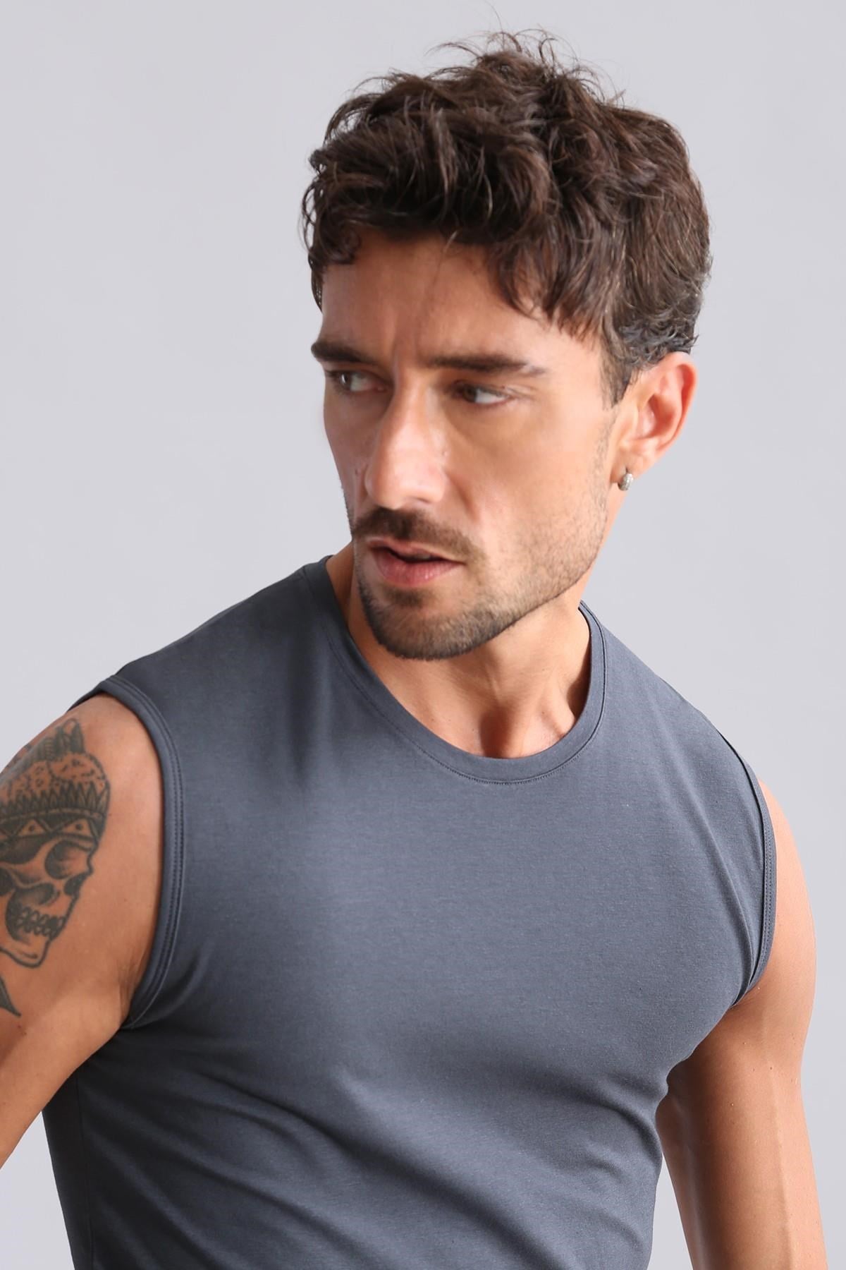 Mısırlı ORGANIC Pamuklu HERCULES Slim Fit Bisiklet Yaka Sporcu Atlet / T-Shirt Antrasit