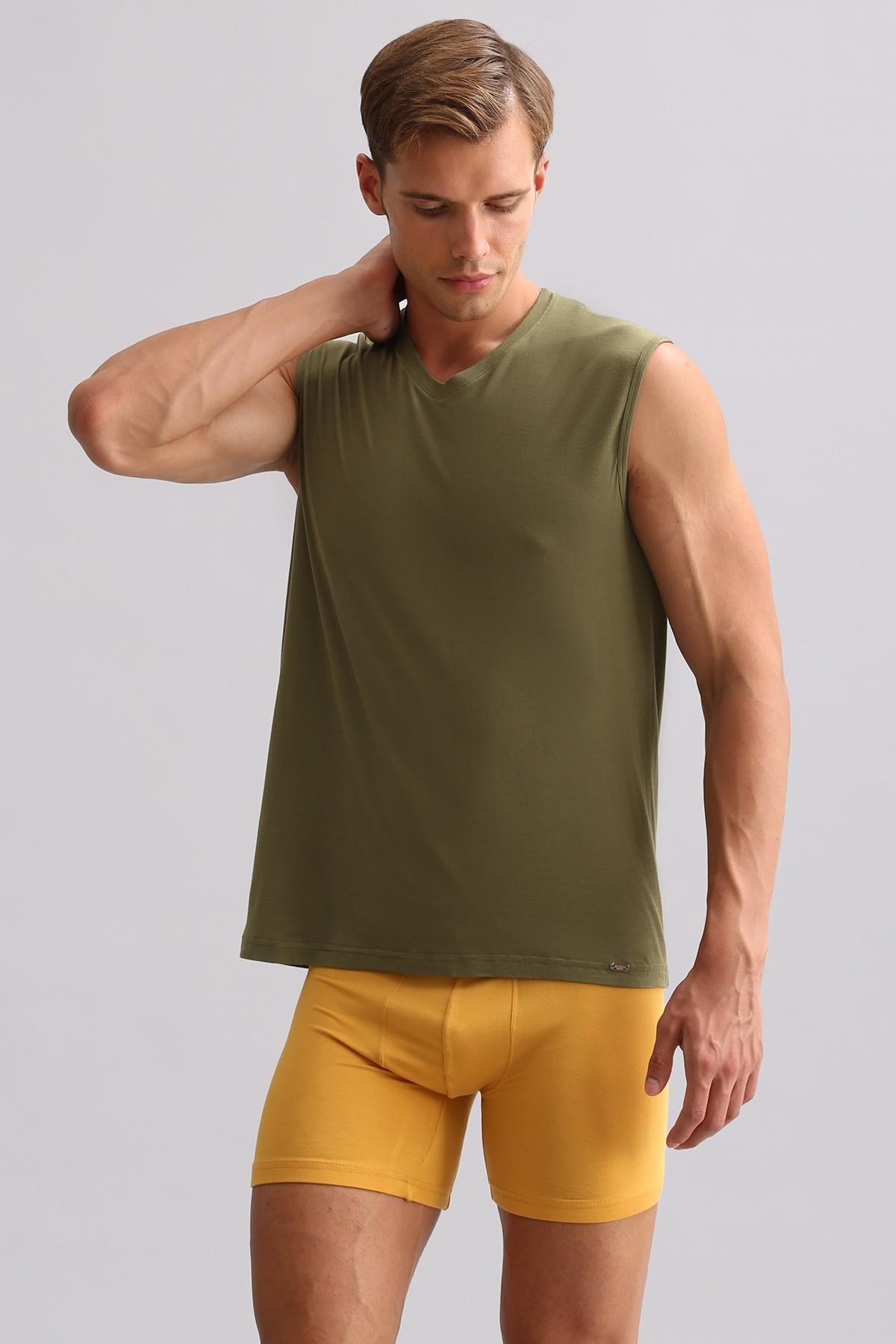 Mısırlı ORGANIC Pamuklu ZEUS LUXURY Regular Fit V Yaka Sporcu Atlet / T-Shirt Haki Zeytin