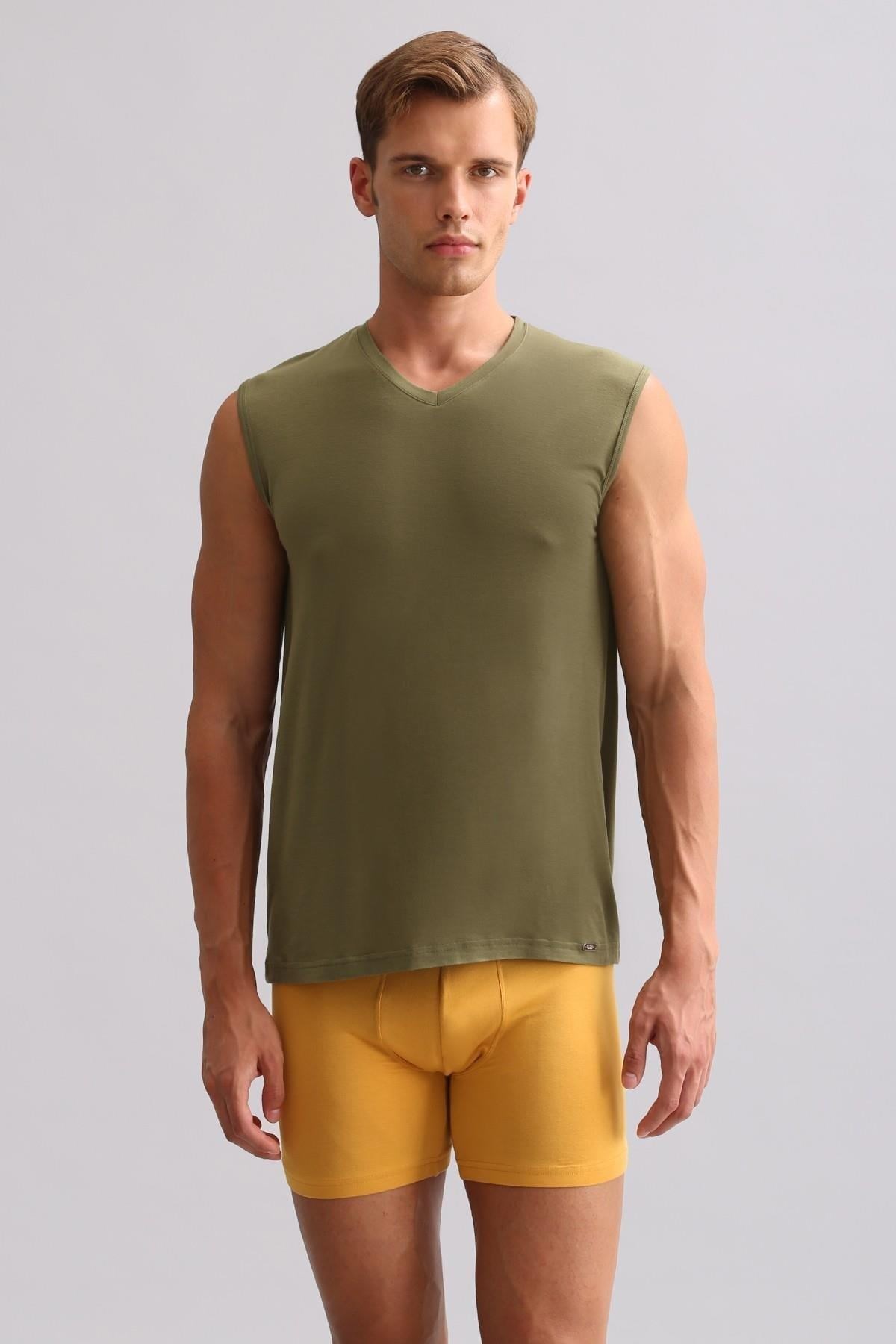 Mısırlı ORGANIC Pamuklu ZEUS LUXURY Regular Fit V Yaka Sporcu Atlet / T-Shirt Haki Zeytin